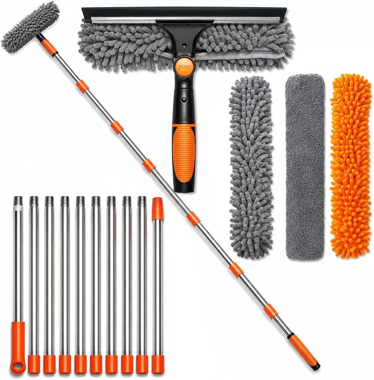 20 ft+ Reach Squeegee Window Cleaner Duster 2 in 1 Rotatable Window Cleaning Tool Kit with 3-14 ft Extension Pole, Window Washing Equipment for Indoor Outdoor Window Car Glass - 3 Pads