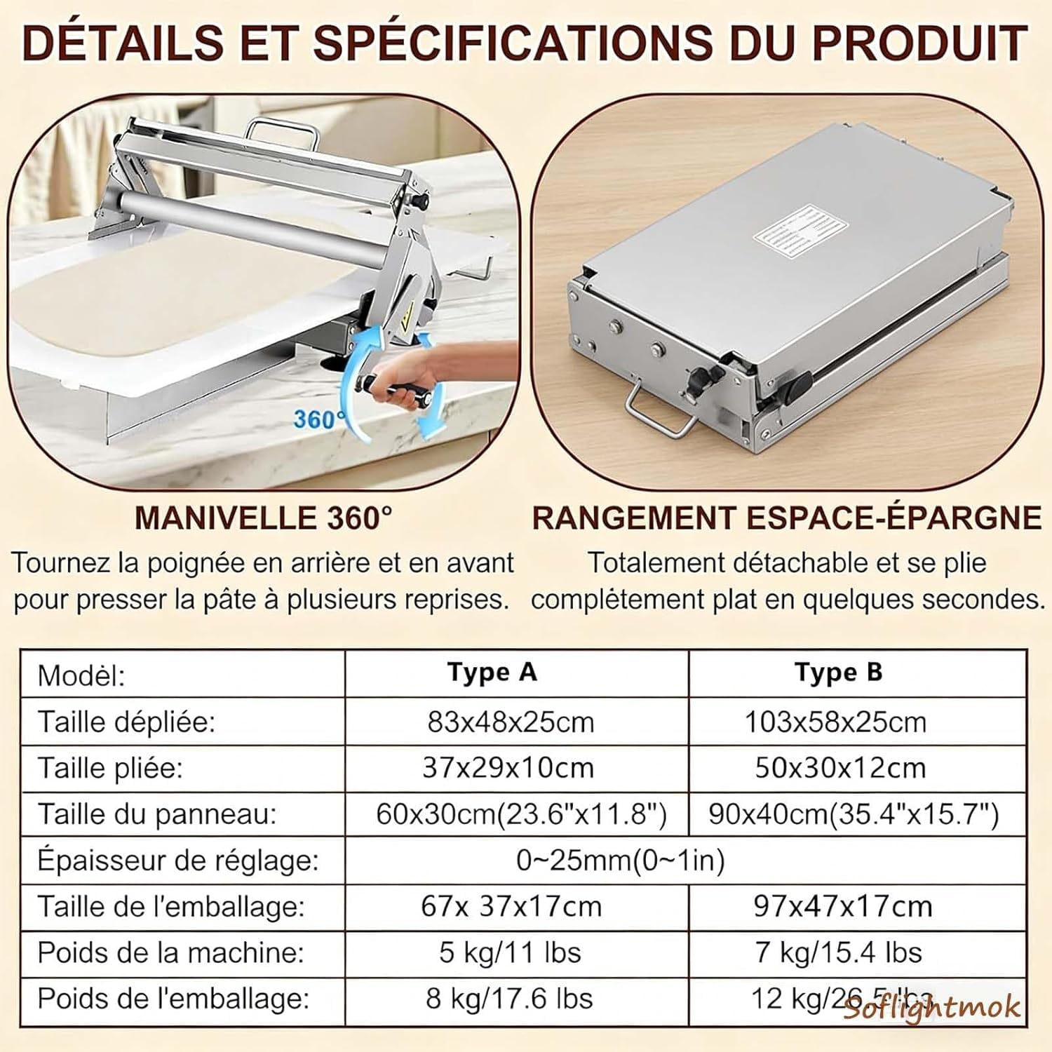 Sfogliatrice per Pasta Professionale Regolabile 0-25mm, Type 300 – Macchina Manuale Pieghevole per Pasta Sfoglia, Fresca e Fondant – Rullo con Manovella per Cucina e Pasticceria