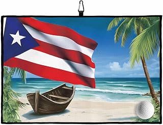 Beach Palm Trees Retro Flag Golf Towels 24x16in, Absorbent Microfiber Waffle Pattern Golf Towel with Carabiner Clip Summer Ombre Ocean Waves Cleaning Cloth for Ball Club