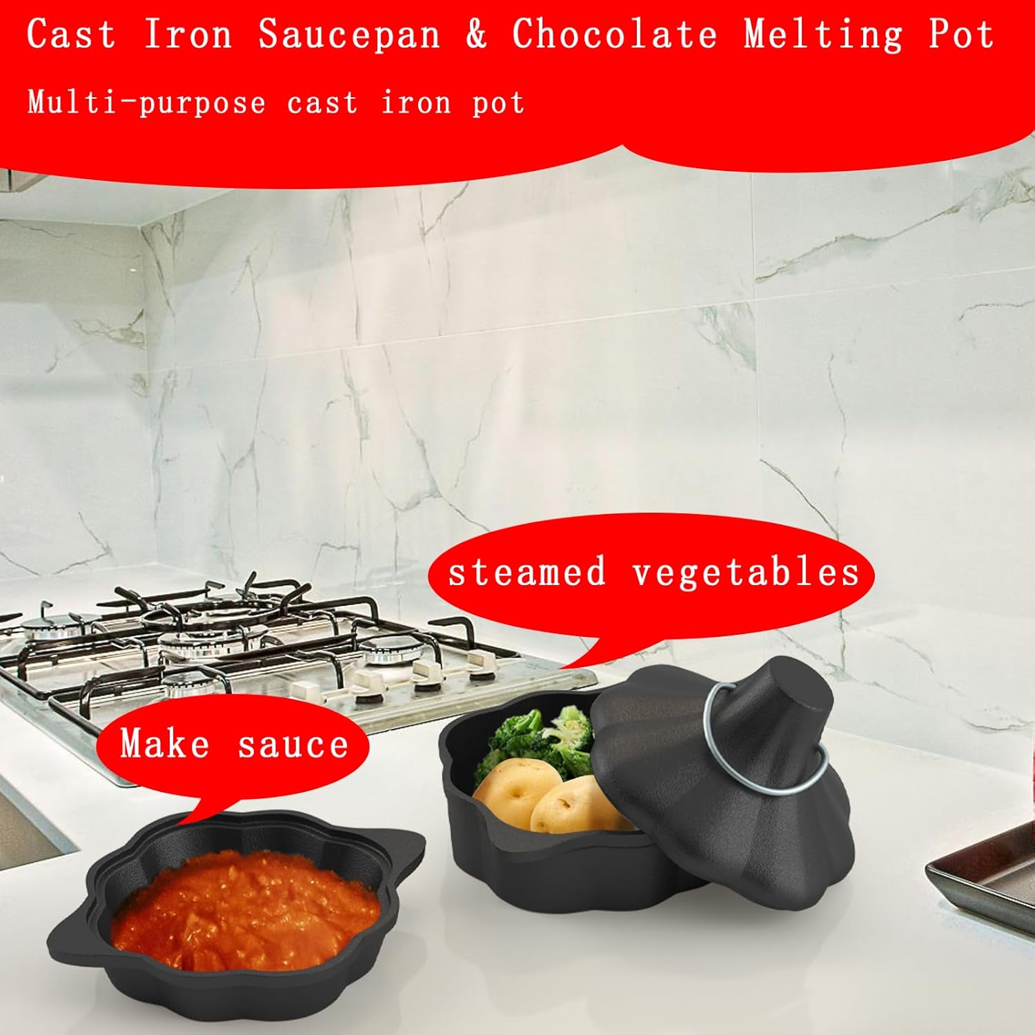 Cast Iron Garlic Roaster & Saucepan Pot, Small Garlic Roaster for Oven with Lid and Steamer, Tart Pan and Rice Pot for Baking, Grilling and Daily Cooking, Heavy Duty Multi-Functional Pots