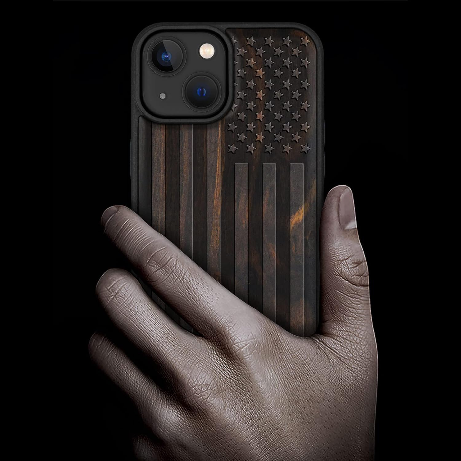 Carveit Magnetic Wood Case for iPhone 14 Case [Natural Wood & Black Soft TPU] Unique & Classy Wooden Shockproof Protective Cover Compatible with magsafe (American Flag -Blackwood) - Image 2