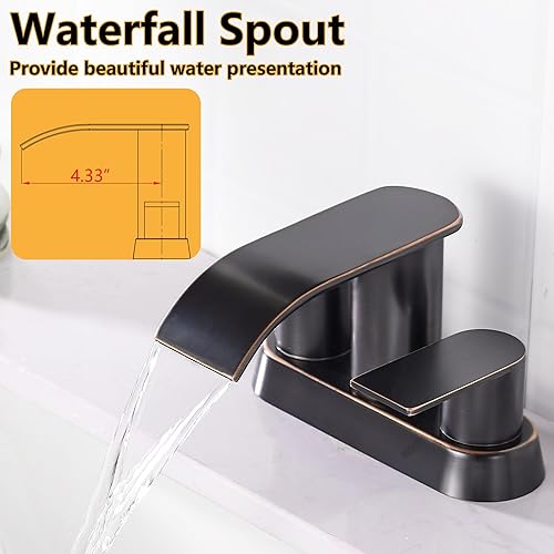 Miniatura 5 de Grifo de lavabo de baño en cascada de 4 pulgadas, 2 manijas, bronce aceitado sin plomo, grifo de baño con drenaje desplegable, 2 o 3 agujeros, grifo
