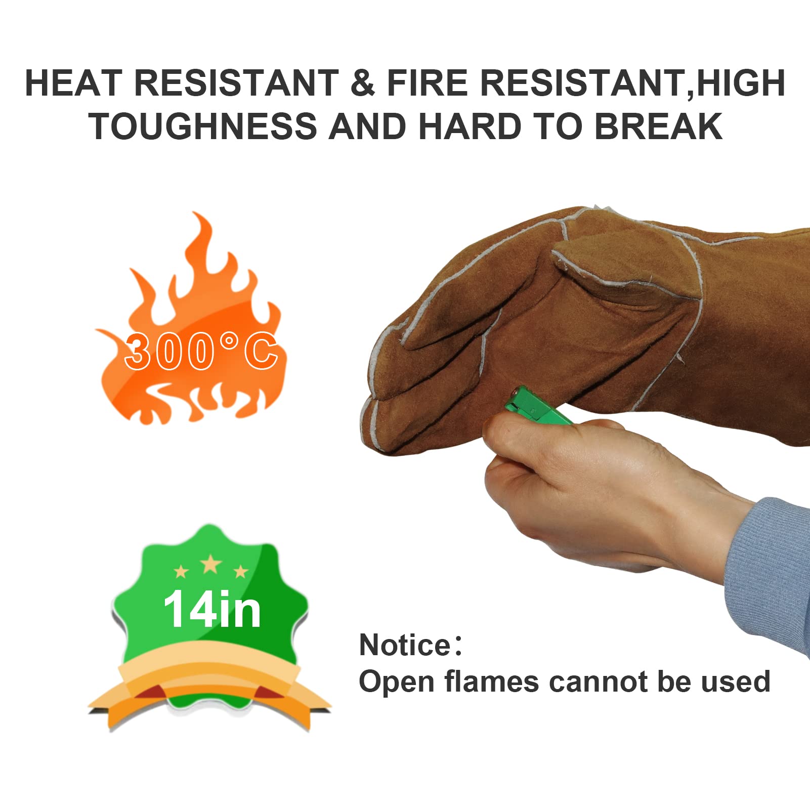 Guantes de soldadura 14 pulgadas 932℉ Guantes de cuero para soldadura forja/mig Resistentes al calor/fuego, horno/parrilla/chimenea/horno/cacerola/caldera/BBQ/manipulación de animales.