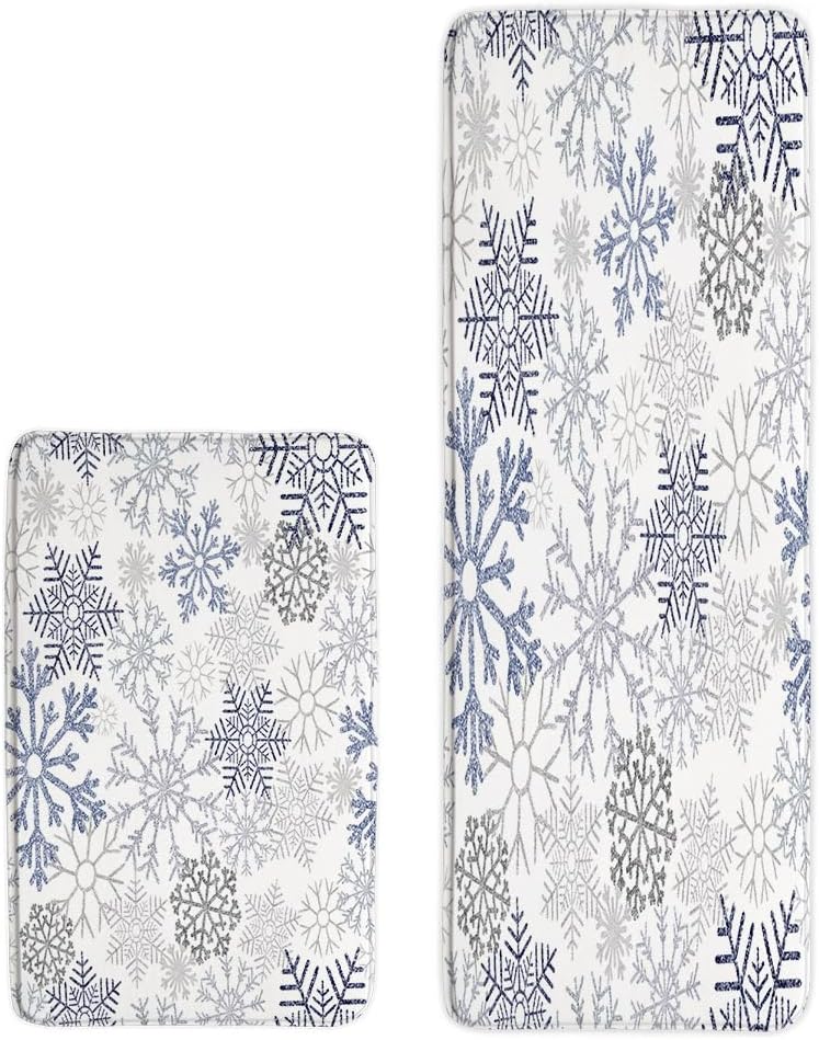 2Pcs Blue Snowflake Bath Mat Winter White Gray Snow Scene Merry Christmas Snowflakes Xmas New Year Holiday Bathroom Rug Bedroom Kitchen Toilet Floors 45X75+40X120 Inch