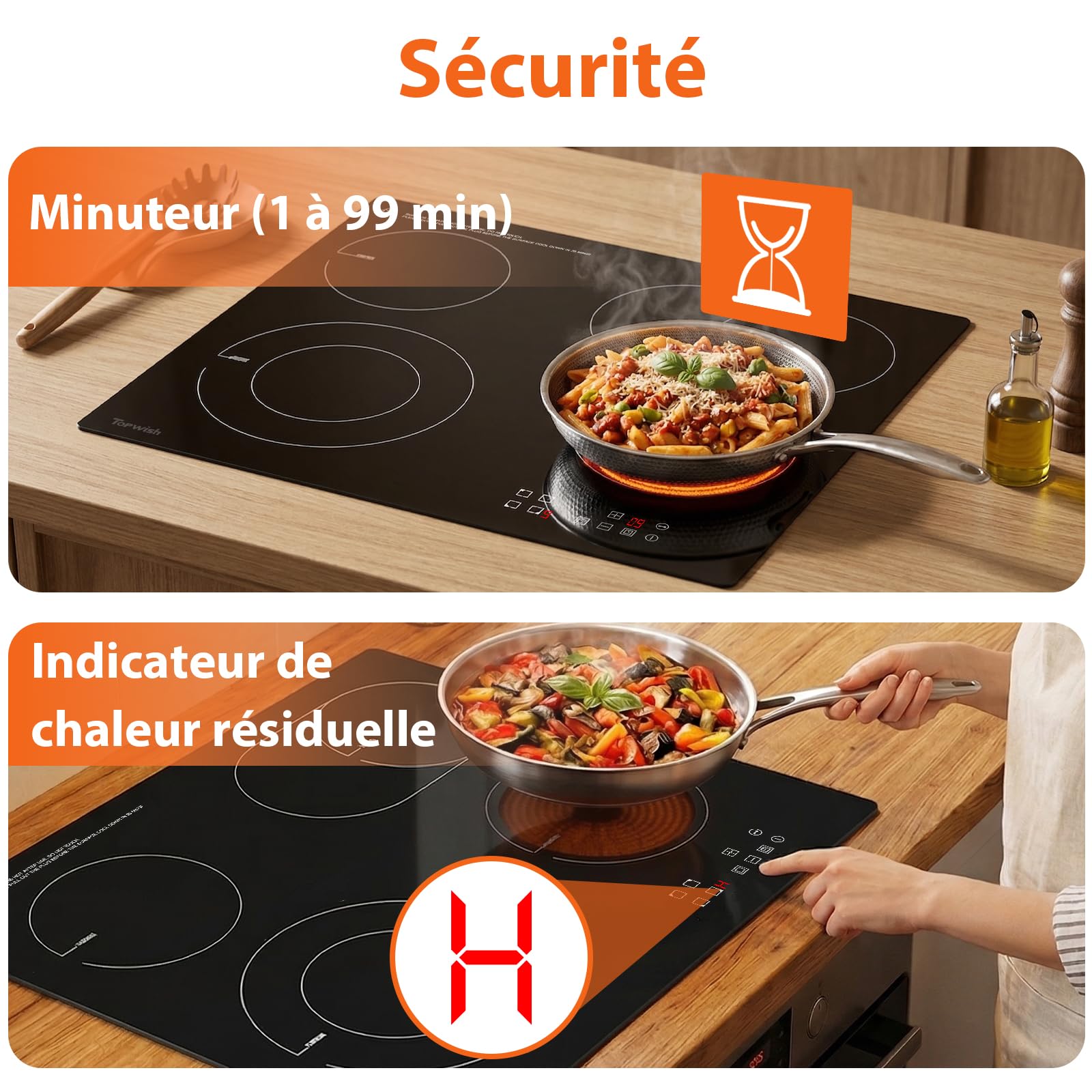 Topwish Plaque vitrocéramique 4 feux, plaque de cuisson vitrocéramique encastrable, plaque de cuisson electrique, tables de cuisson 60cm avec double zone extensible, verrou de sécurité, 6600W