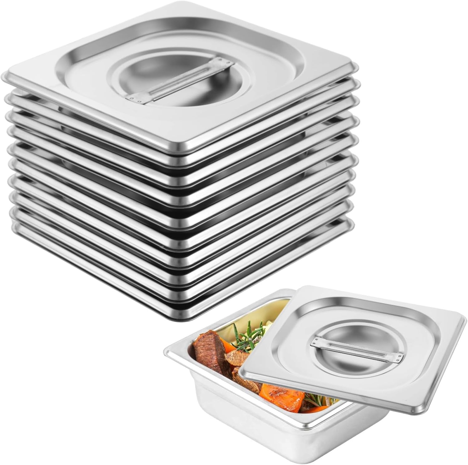 10-Piece Universal Stainless Steel Steam Table Pan Lids, Catering and Hotel Use with Handles
