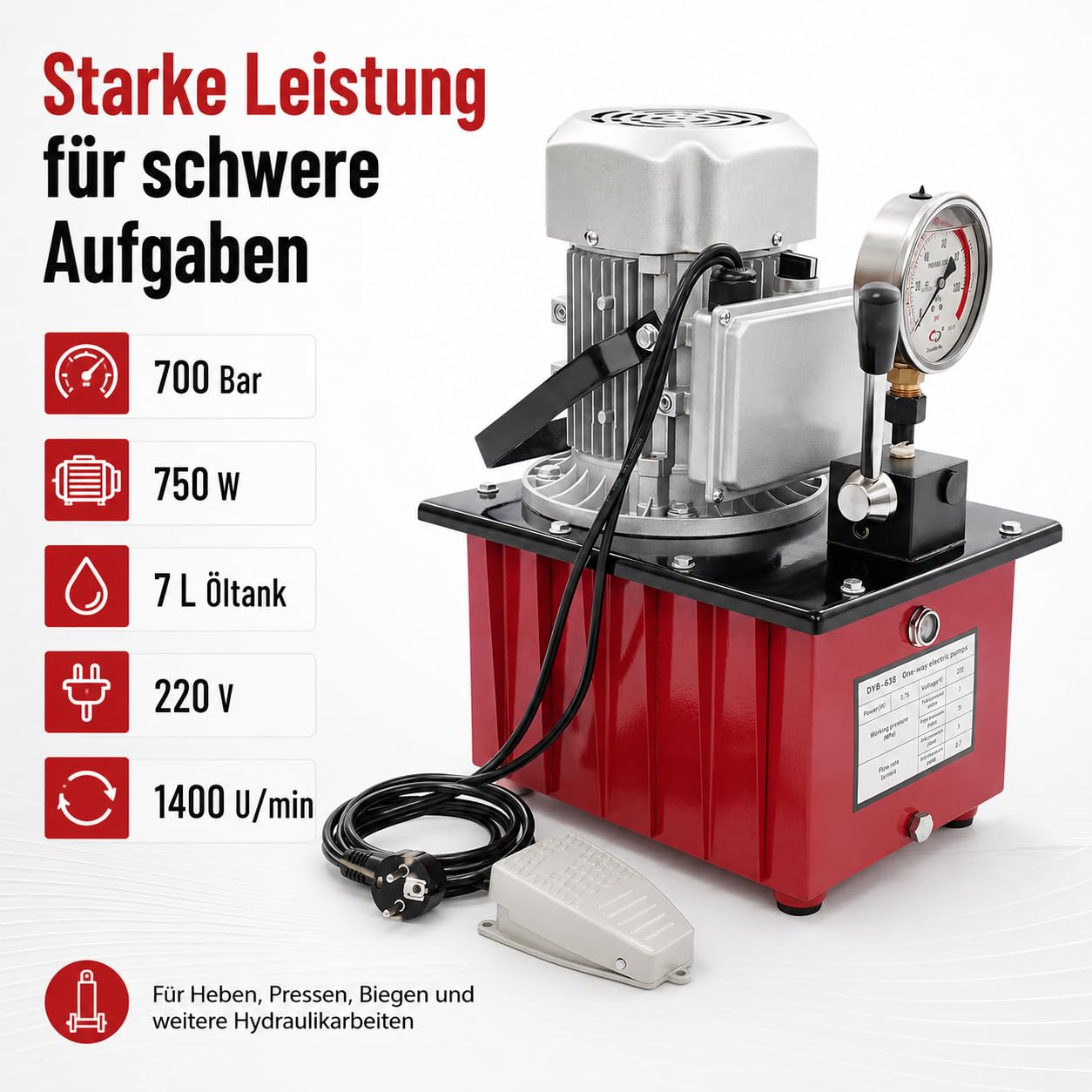 SICHENSH Elektro-Hydraulikpumpe 7L – 750W Kupfermotor, 70 MPa, 1400 U/min, Inkl. Manometer & Überlastventil