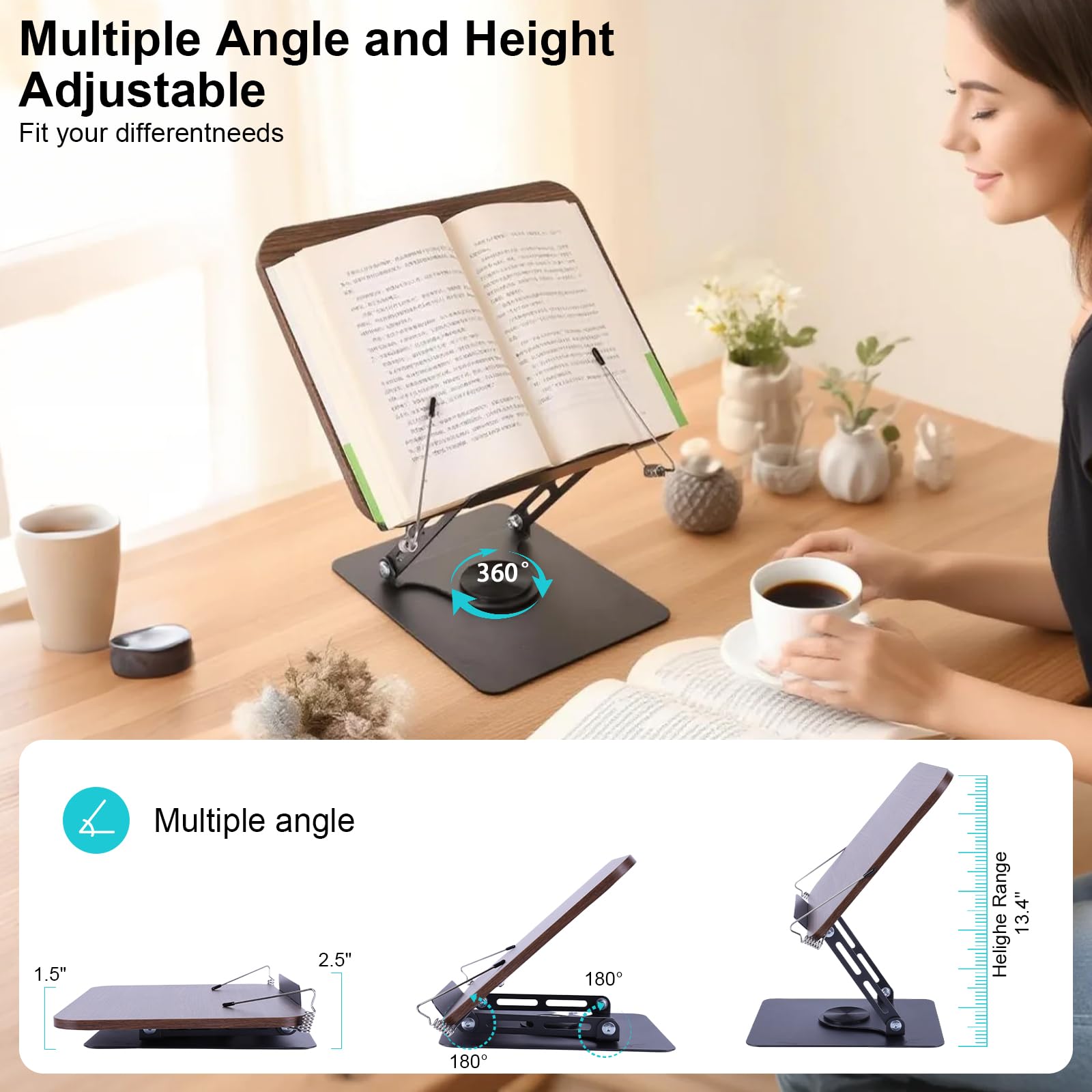 Buchständer Holz Mit 360° Drehbare Basis, Verstellbarer Buchhalter Leseständer Mit Klappbar Und Tragbar,Kochbuchhalter Mit Seitenclip, Leicht Für Büro, Küche, Schule, Lehrbuch, Zeitschrift, Tablet