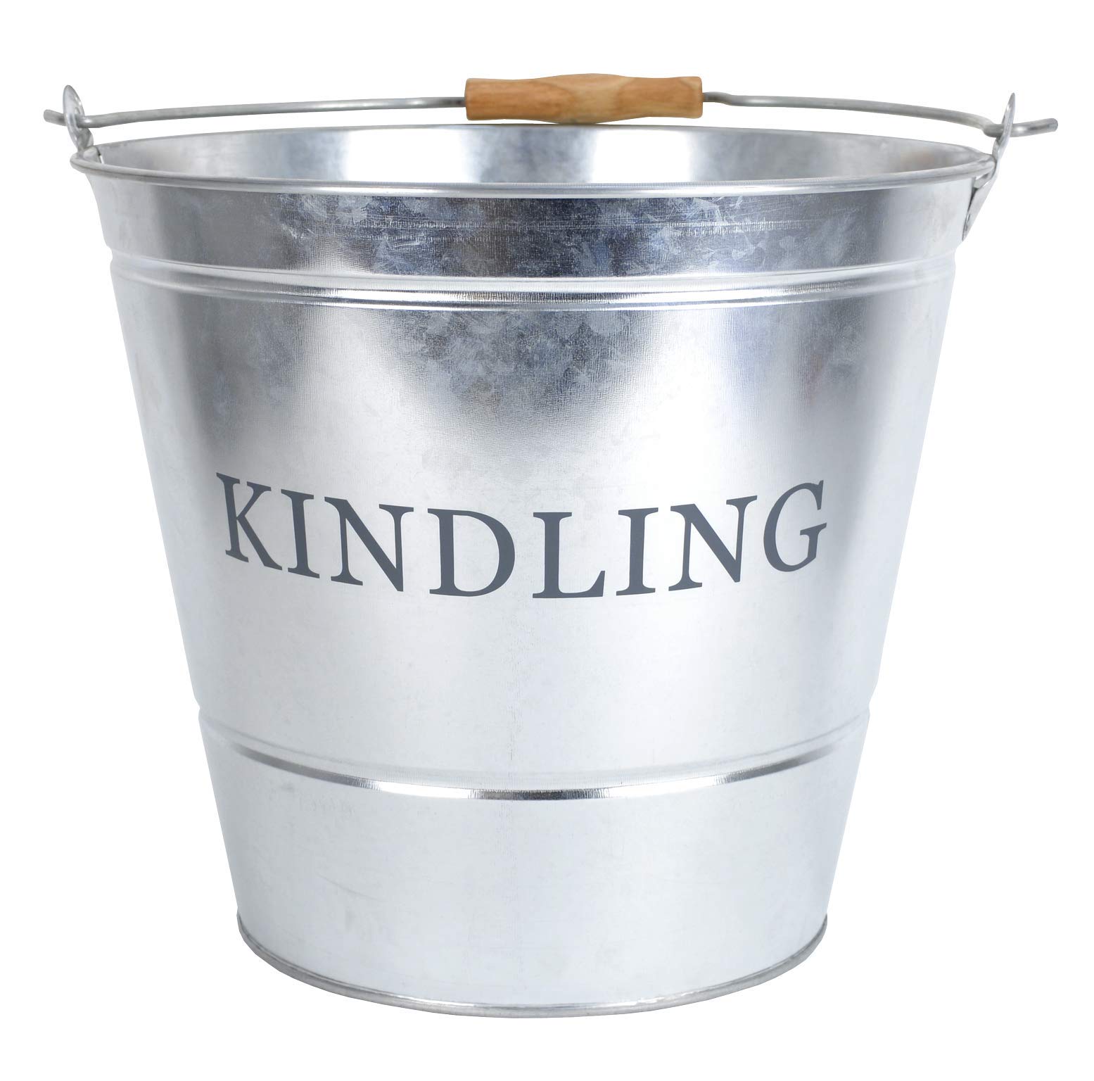Large Metal Fireside Kindling Bucket with Wooden Handle - Diameter of 32cm (12.5'') - Galvanised Finish