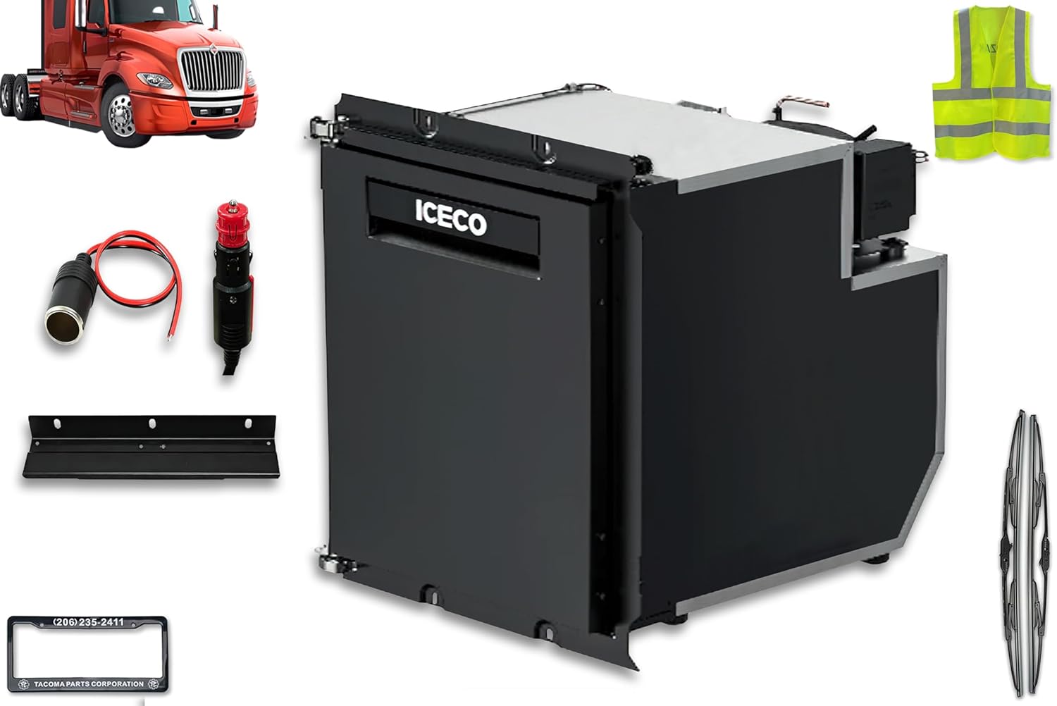 KOZAK Heavy-duty Truck Built-in Fridge (50L) YC49B2 Compatible with International ProStar, LE, LL, LT 2009 & newer PLUS Logo 2x 22 Wipers, License Plate Frame and Vest