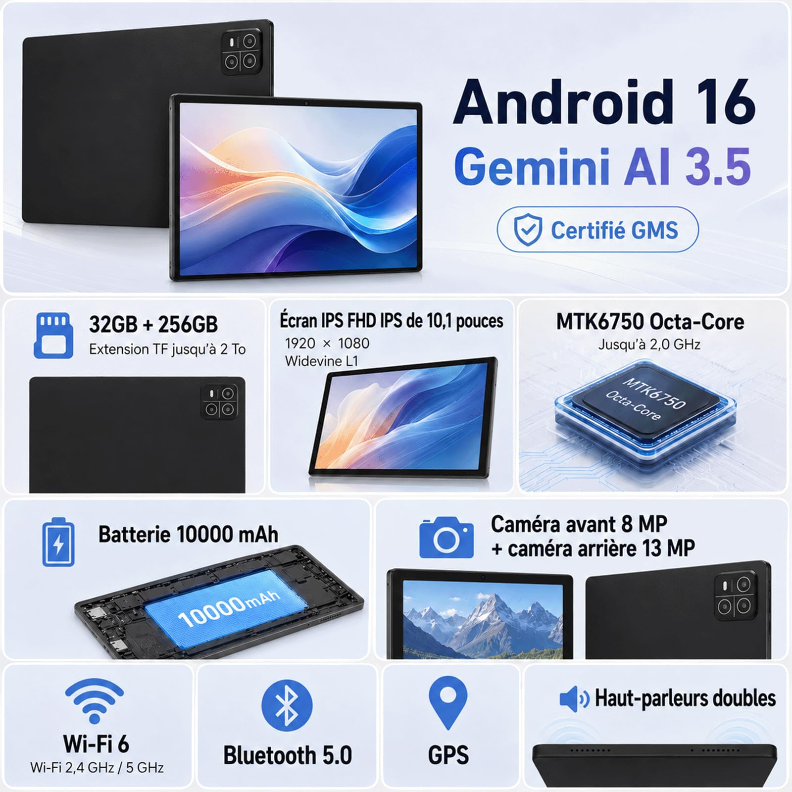 2026 Dernier Android 16 Tablette 10 Pouces Tablette, 32Go RAM+256Go ROM (2To TF), Octa-Core 2.0GHz, /GPS/WideVine L1/5G WIFI/1920 * 1080/10000mAh, Tablette Tactile Gemini AI - Noir
