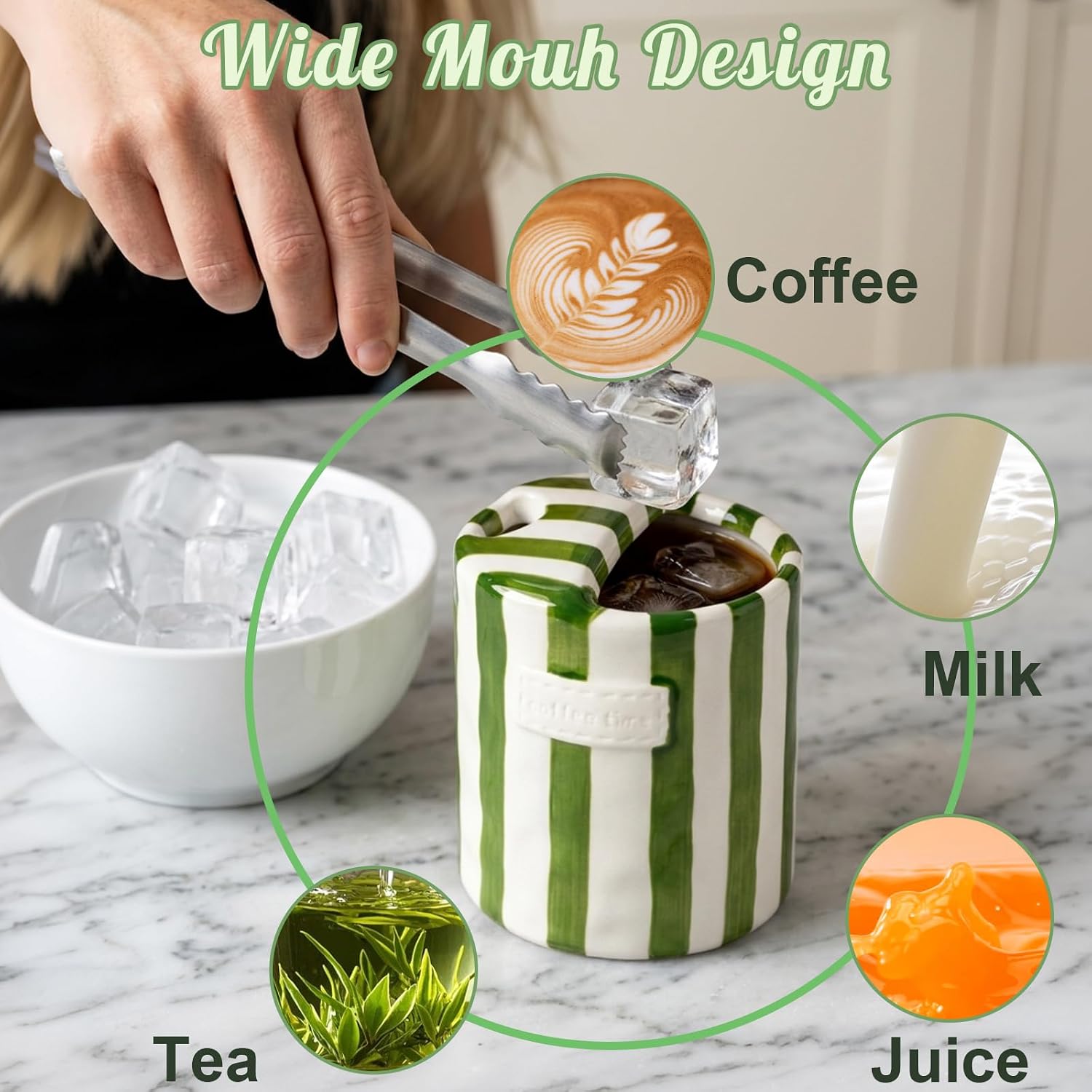 2-Pack Ceramic Coffee Mugs with Sip Holes: 10-Ounce Espresso Cups with Straws, Hand-Painted Striped Design, Porcelain Coffee Cup, Ceramic Coffee Mugs (Green + Brown)