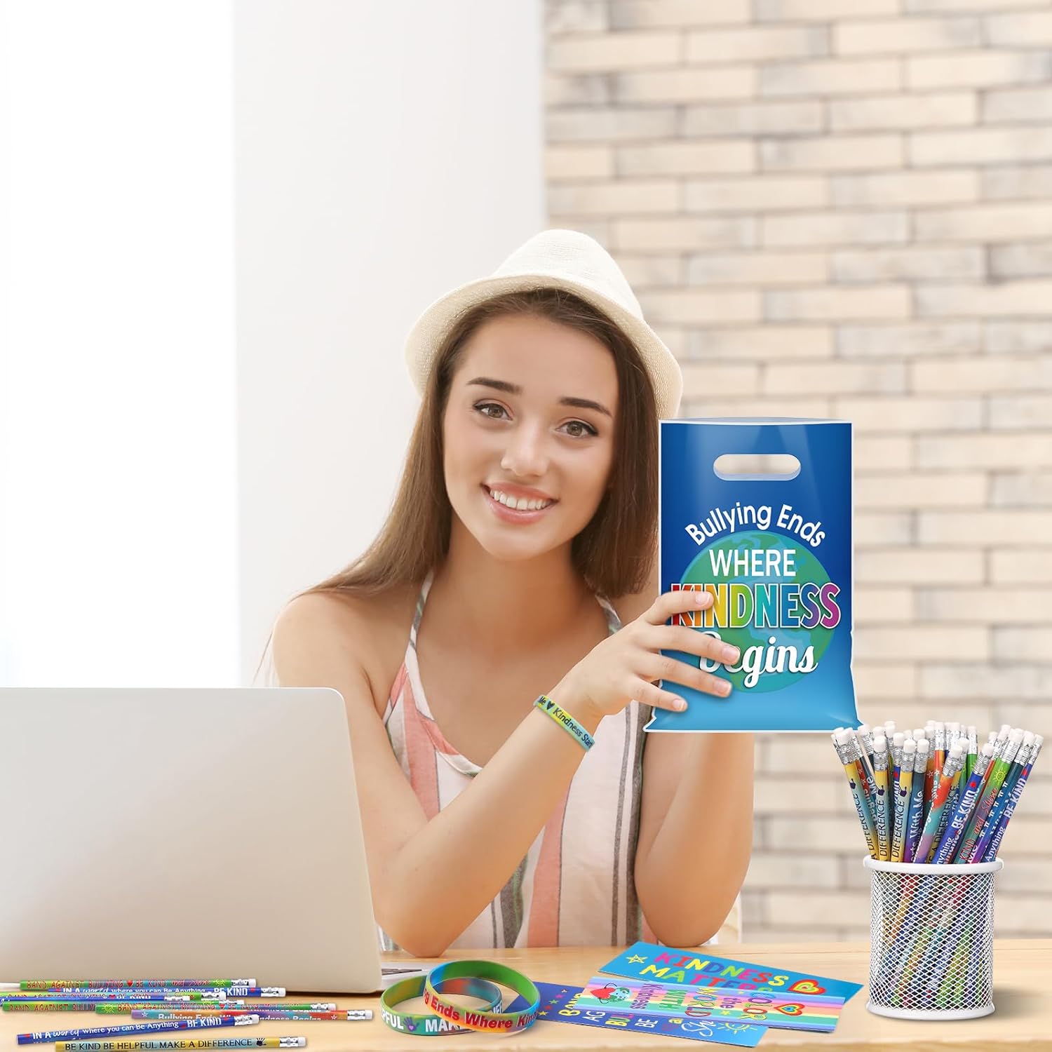 50 Sets / 250 Pcs Be Kind Accessories Bulk Kindness Matters Prevention Bullying Item Include 50 Plastic Goody Treat Bag 50 Silicone Wristband Wood Pencil Bookmark Button Pin for School