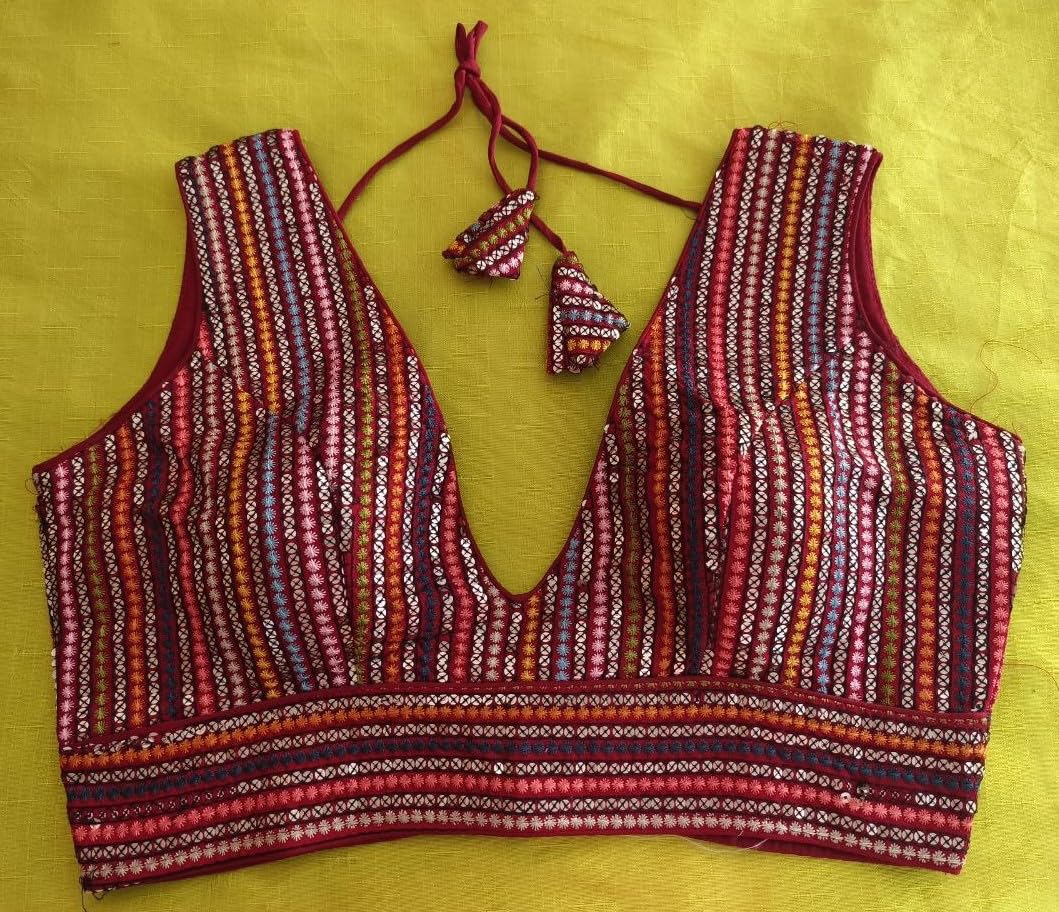 Pujia Mills Women's Sleeveless Sabyasachi Pattern V Neck Embroidery Work With Sequence Indian Ethnic Wear Readymade Saree Blouse For Lehenga Choli (Red, 38)