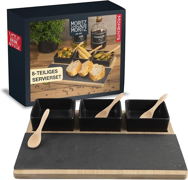 Moritz & Moritz Serving Bowl Set Black incl. Spoon & Serving Board and Slate Plate - Chip and Dip Platter as Tapas Bowls, Dip Bowls, Snack Bowls and Candy Dish