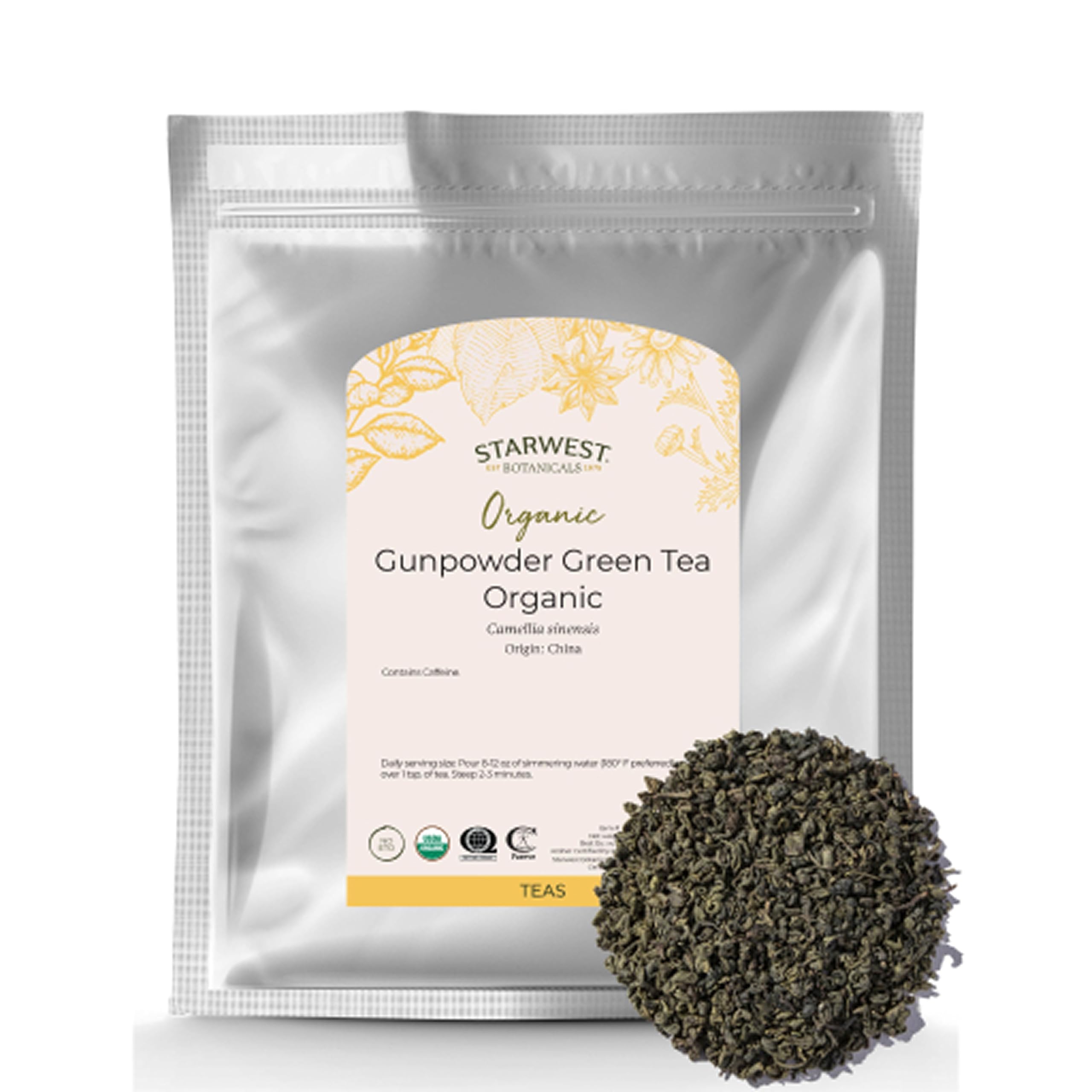 Starwest Botanicals Organic Gunpowder Green Tea - Natural Loose Leaf Herbal Tea Blend, Contains Caffeine, Source of EGCG, Certified Kosher, Non-GMO - Bulk 1 lb Bag