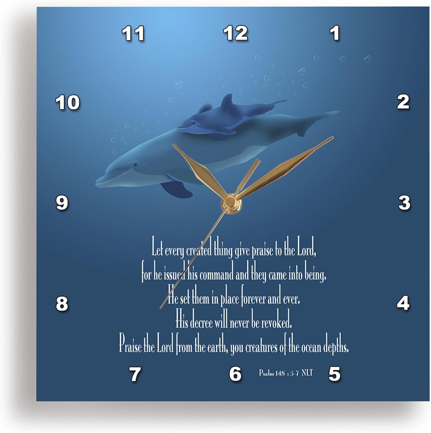 3dRose Wall Clock Silent - 15 inch - Mother and Baby Dolphin Swimming in The Aqua Colored Ocean with The Bible Verse Psalm 148 v 5-7 - Designs Graphic Design Bible Verse