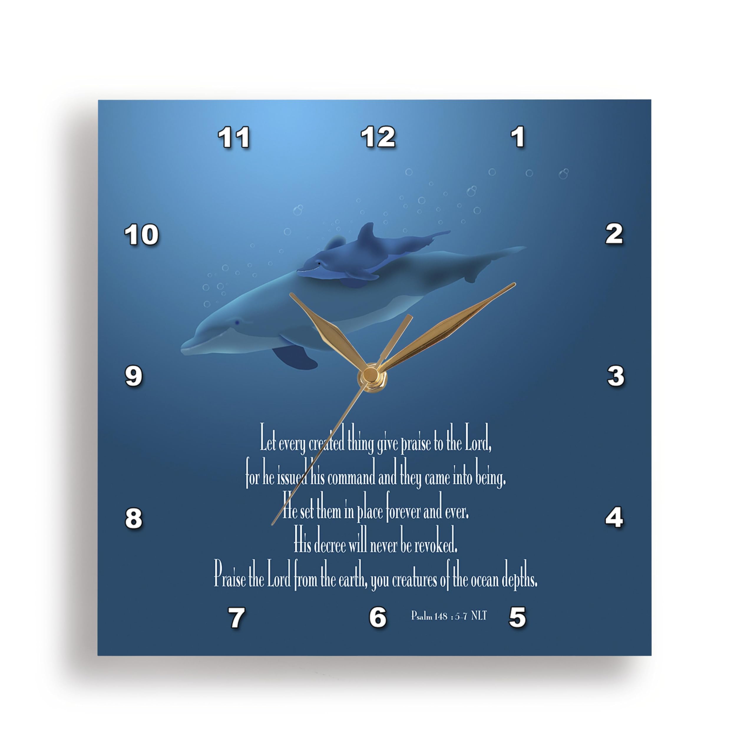 3D Rose 3dRose Mother and Baby Dolphin Swimming in The Aqua Colored Ocean with The Bible Verse Psalm 148 v 5-7-Wall Clock, 13-inch (DPP_36108_2)