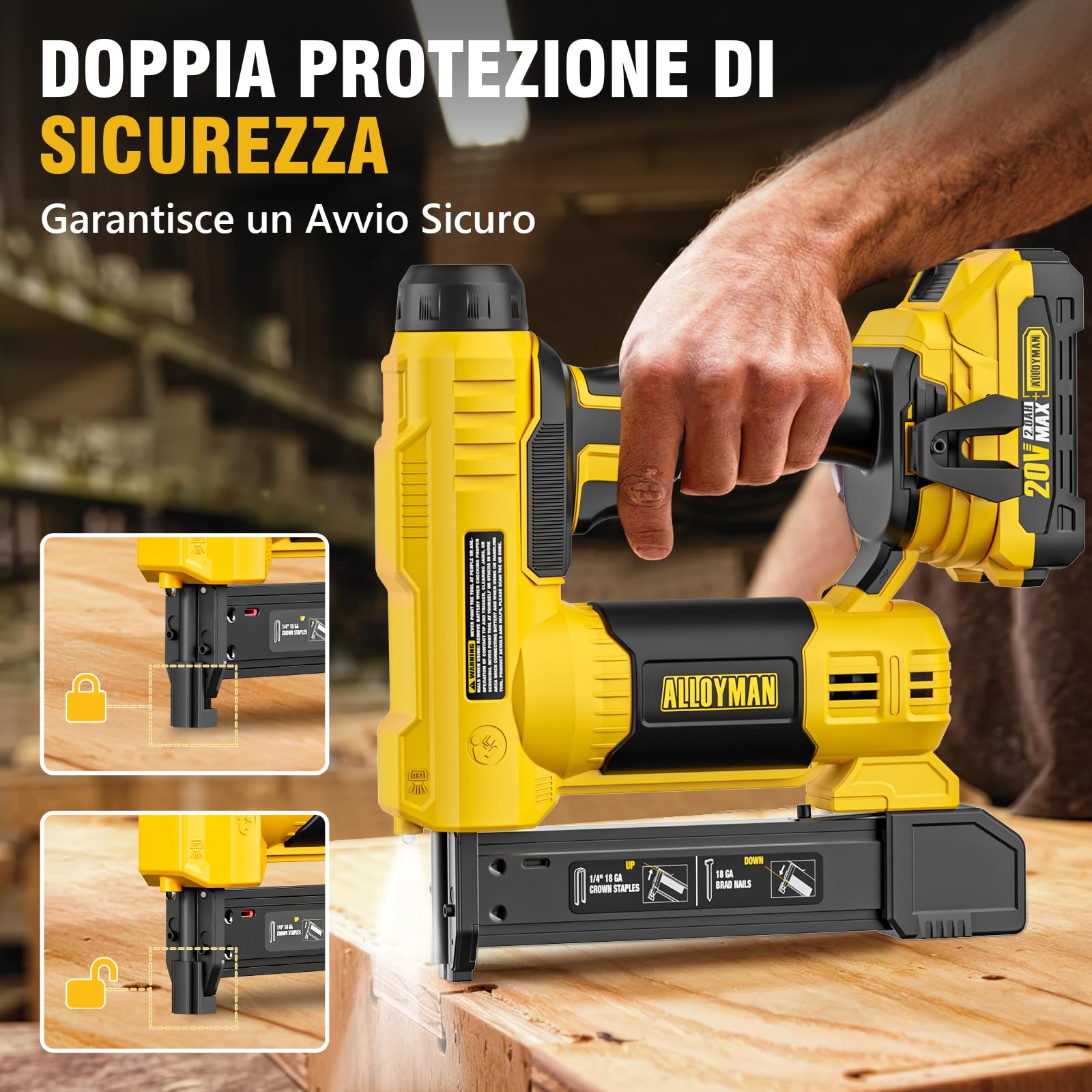 Alloyman 20V MAX Sparachiodi Chiodatrice Brad a Batteria, 2-in-1 18GA Pistola Sparachiodi Elettrica Calibro, 1000 chiodi e 500 punti metallici inclusi, per fai da te e lavori in legno