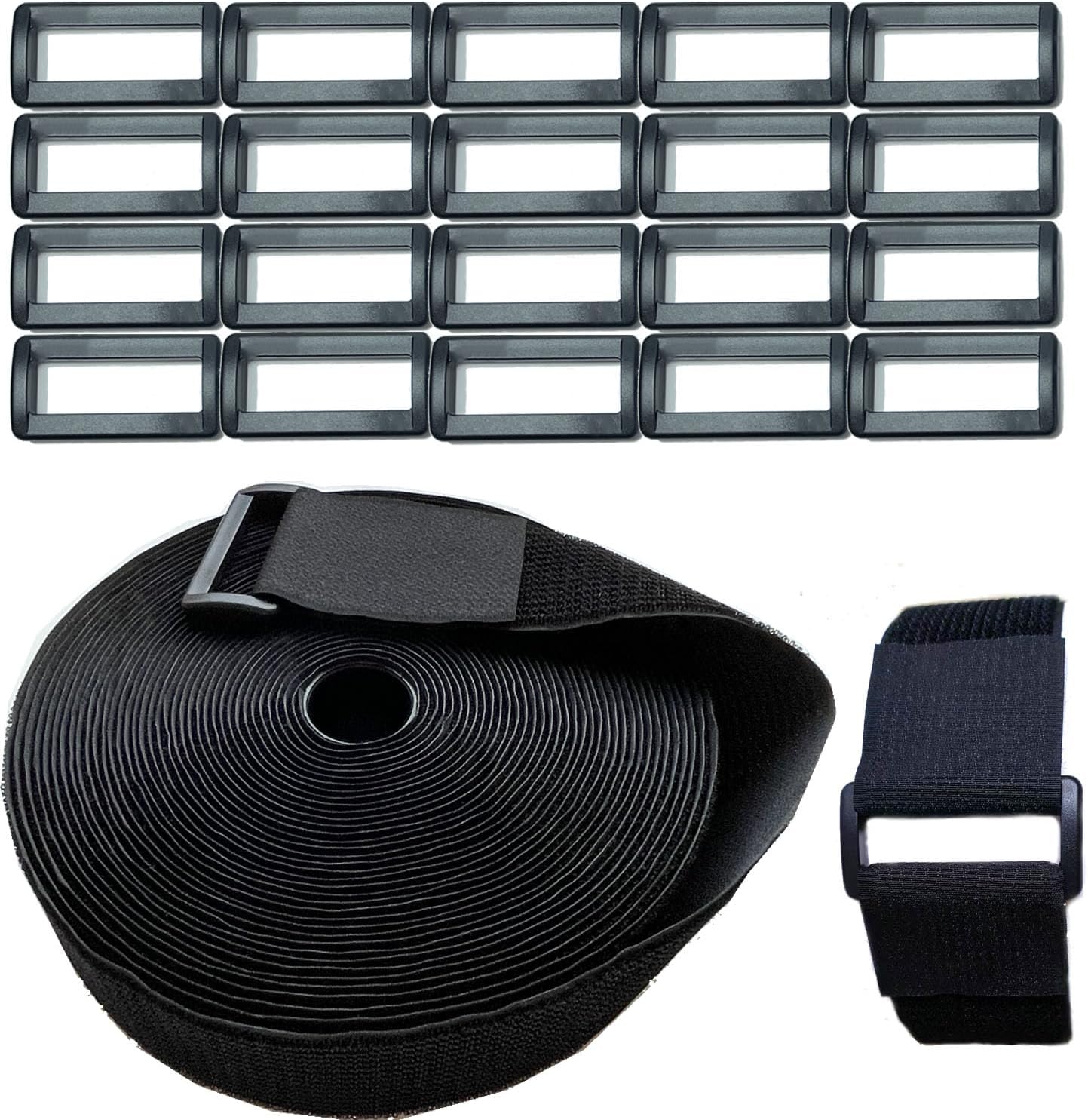 Wide 2" ×40 Ft Long Hook and Loop Cable Straps with 20 Heavy Plastic Buckles, Adjustable Nylon Tie Down Straps,Free Cut Length and Width, Reusable, Black