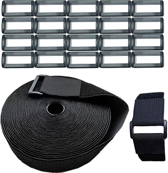 Wide 2" 40 Ft Long Hook and Loop Cable Straps with 20 Heavy Plastic Buckles, Adjustable Nylon Tie Down Straps,Free Cut Length and Width, Reusable, Black
