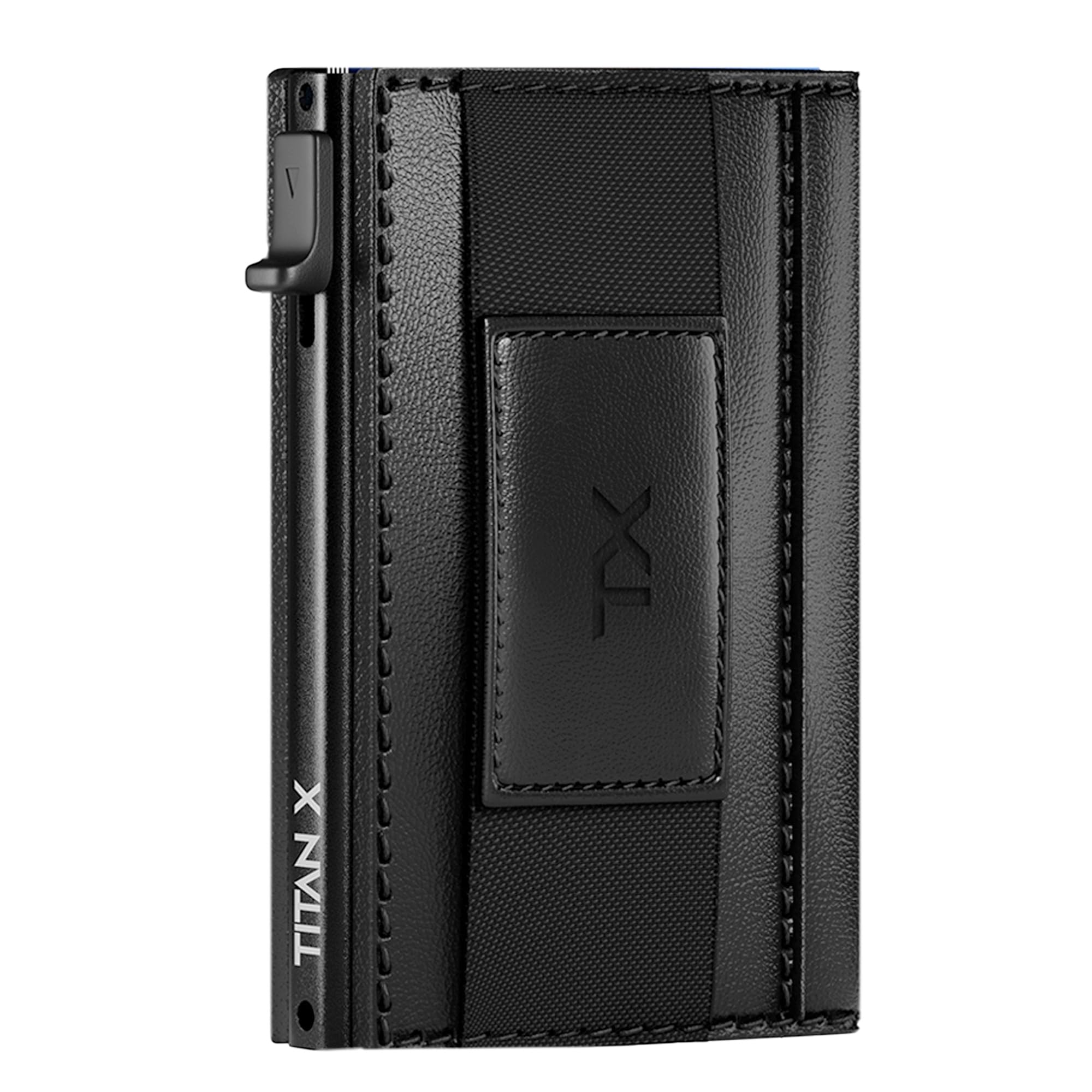 TITAN X Bifold Wallet | Slim Metal Leather with Cash Strap | Pop Up Card Access, ANTI-RFID (Black Leather)
