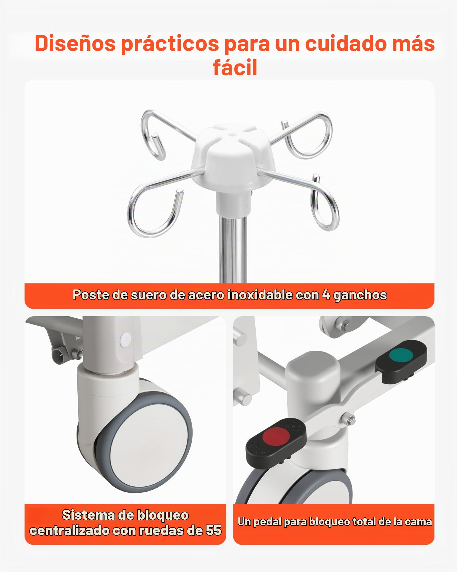 VEVOR Cama de Hospital Eléctrica de 5 Funciones, con Silla Cardíaca Función de RCP y Trendelenburg, Sistema de Cierre Centralizado con Ruedas para Hospitalización en Easa, Capacidad de 250 kg
