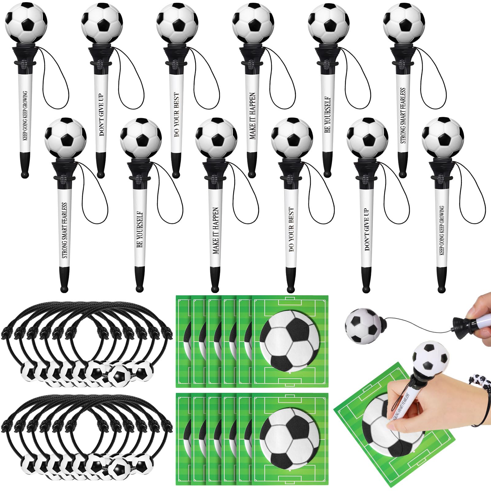 Humyoun 36 Pcs Soccer Party Favors Set Funny Sport Inspirational Team Gifts Set 12 Ballpoint Pens 12 Adjustable Bracelets 12 Sticky Notes for Sports