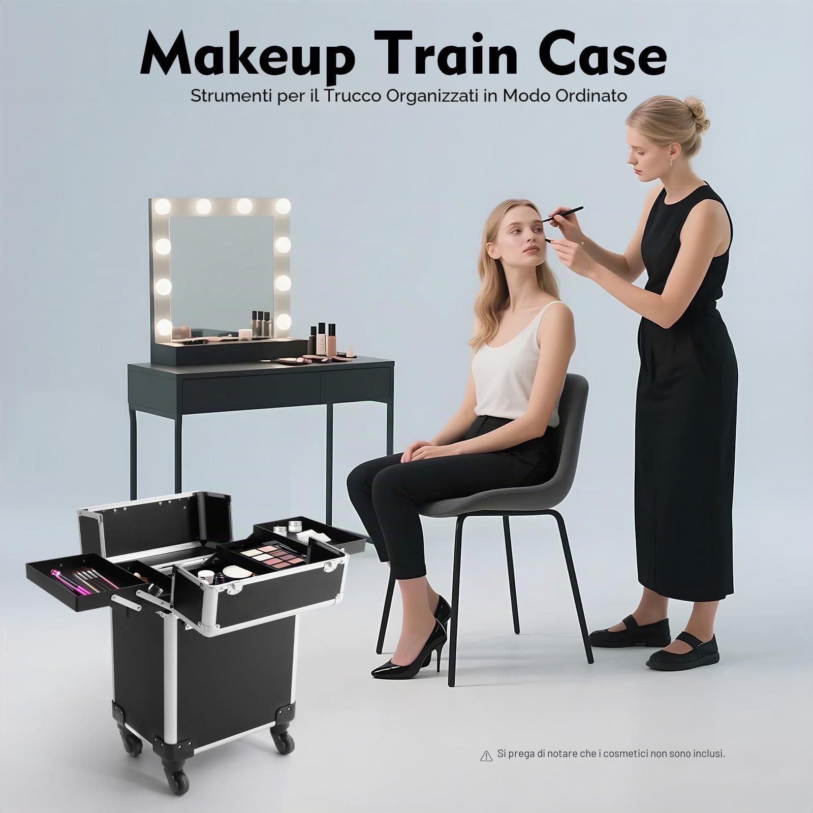 Valigetta professionale per cosmetici Colore nero Con 4 ruote rimovibili e angoli di protezione 34 x 24 x 47 cm Ideale per trucchi truccatori, design unghie e viaggi