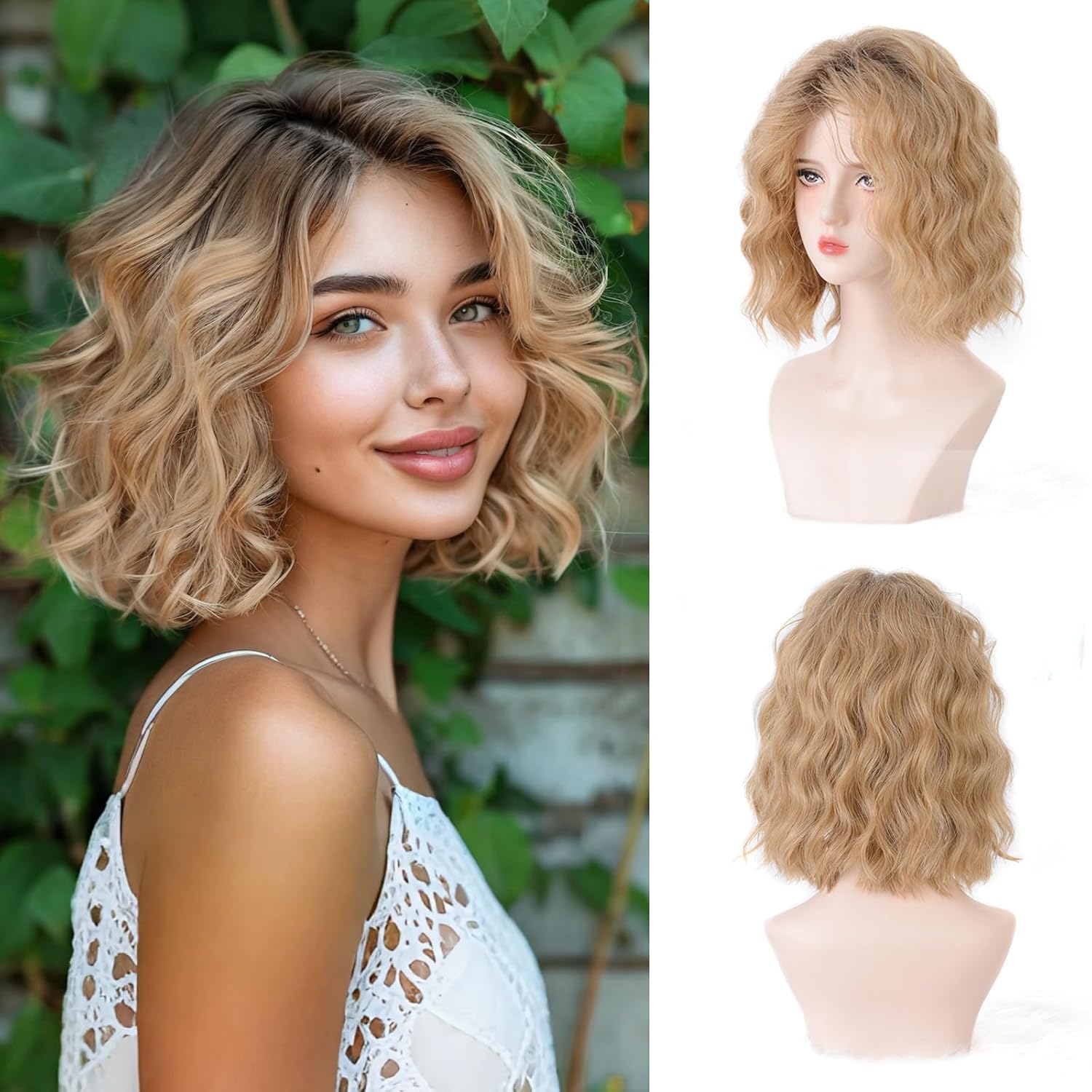 Photo 1 of Novastel Short Ombre Blonde Wavy Human Hair Wigs for Women Shoulder Length Curly Bob Wig Capless Lightweight Natural Look for Daily Party Use (Root Blonde, 14inch)