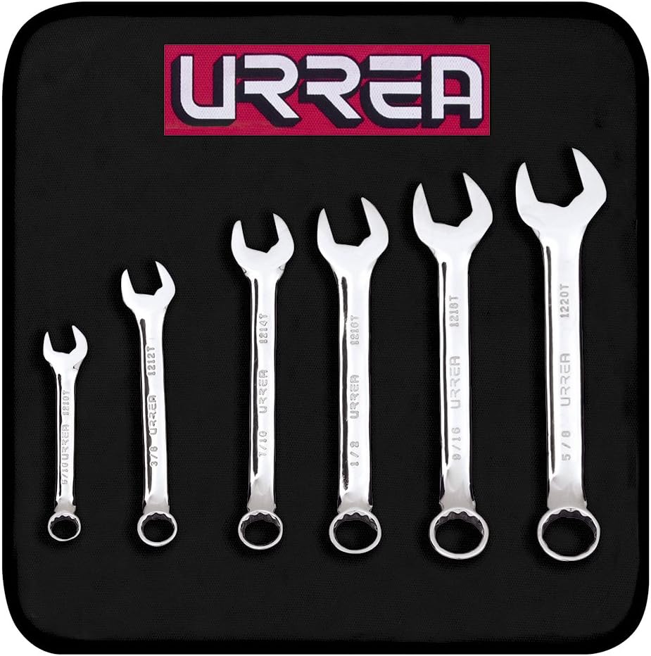 URREA 12-Point Combination Wrench Set - 6-Piece (1/4" - 5/8") Short Reach Mechanics Tool Kit with Canvas Tool-Roll & Fully Polished Nickel Chrome Finish - 1200T6