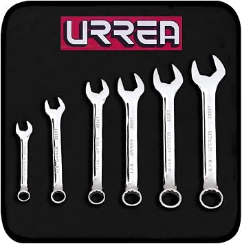 URREA 12-Point Combination Wrench Set - 6-Piece 1/4" - 5/8" Short Reach Mechanics Tool Kit with Canvas Tool-Roll & Fully Polished Nickel Chrome Finish - 1200T6