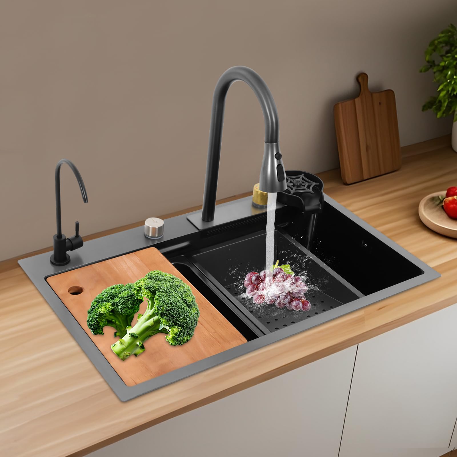 Fregadero de cocina negro de acero inoxidable, 68 x 45 x 21 cm, lavabo de cocina con grifo extraíble, tabla de cortar, limpiador de cristales, estación de trabajo para bar, restaurante, etc