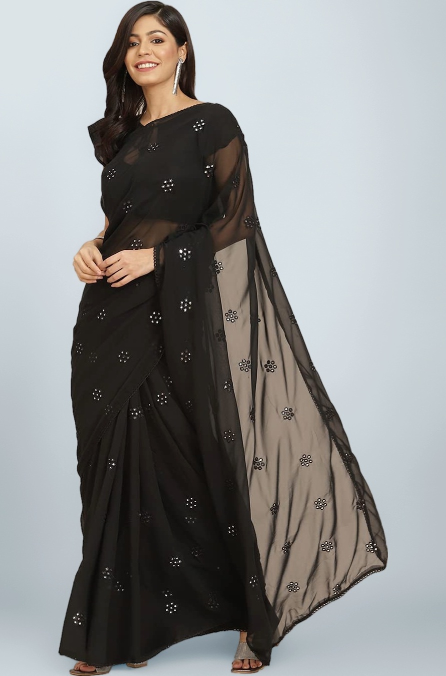 Womanista Women's Women Georgette Saree ll Women Embellished saree ll Women Black saree ll Un-stitched blouse saree