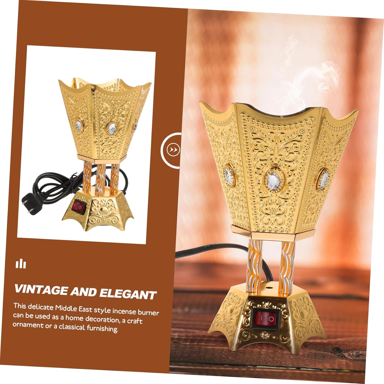 Plug-in Incense Burner Arab Incense Dish Arabian Diffuser Burner Electric Bakhoor Holder Oud Iron Electric Furnace Plug in to Rotate