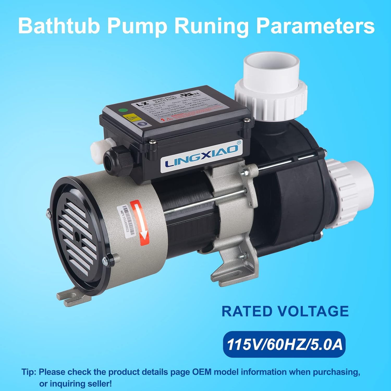 SPA Bath Pump & Hot Tub Bath Pump - LX Bathtub Pump 110V - 120V, 0.75HP, 1.5" Port, Compatible with OEM Models - (Model: WCH75)