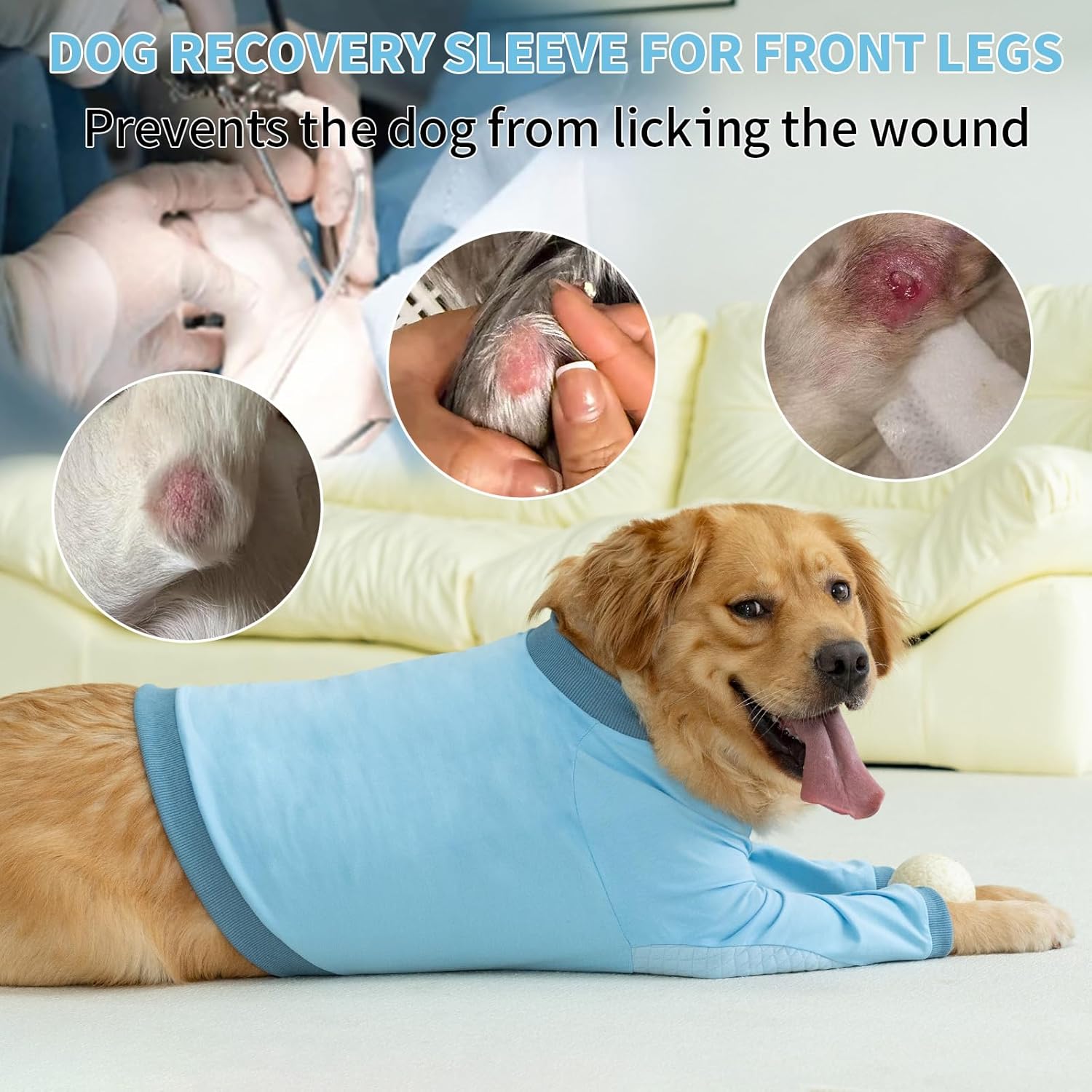 Dog Recovery Sleeve with Elbow Protector, Recovery Suit for Dog Front Legs, Pet Long Sleeve Suit to Stop Licking, Soft Breathable Cone Collar Alternative for Male Female, Blue, M