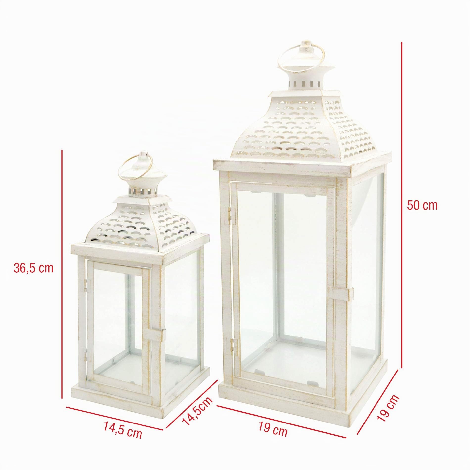 Rebecca Mobili Set 2 Linternas Portavelas Blancas, Metal PVC, Estilo Vintage, Salón Jardín - Medidas: 50x19x19 (HxLxP) - Art. RE6555