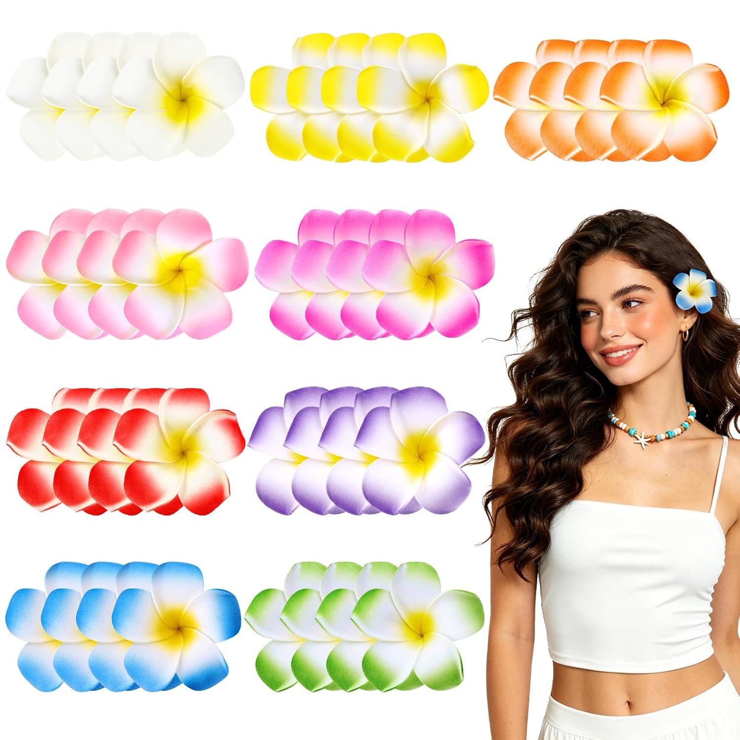 36 Pcs Hawaiian Flower Hair Clips, 2.75 Inch Foam Plumeria Hair Clip Hair Flowers Hawaiian Flower Hairpins for Women Girls, Tropical Beach Vacation Wedding Party Hair Accessories