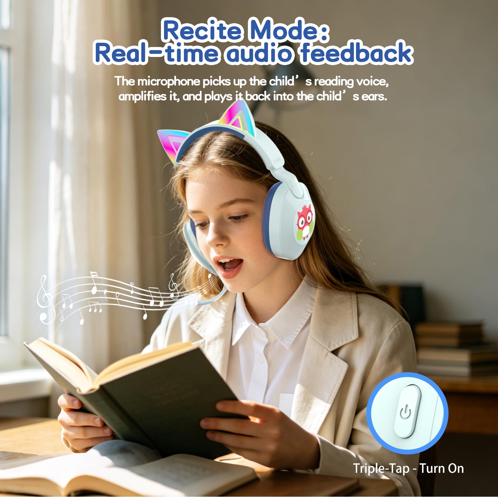 Casque Bluetooth pour Enfants, Casque Circum-aural sans Fil avec Micro, 50 h d'autonomie, lumières LED colorées, câble AUX, Volume limité à 94 DB, Design Pliable, idéal pour Les Voyages