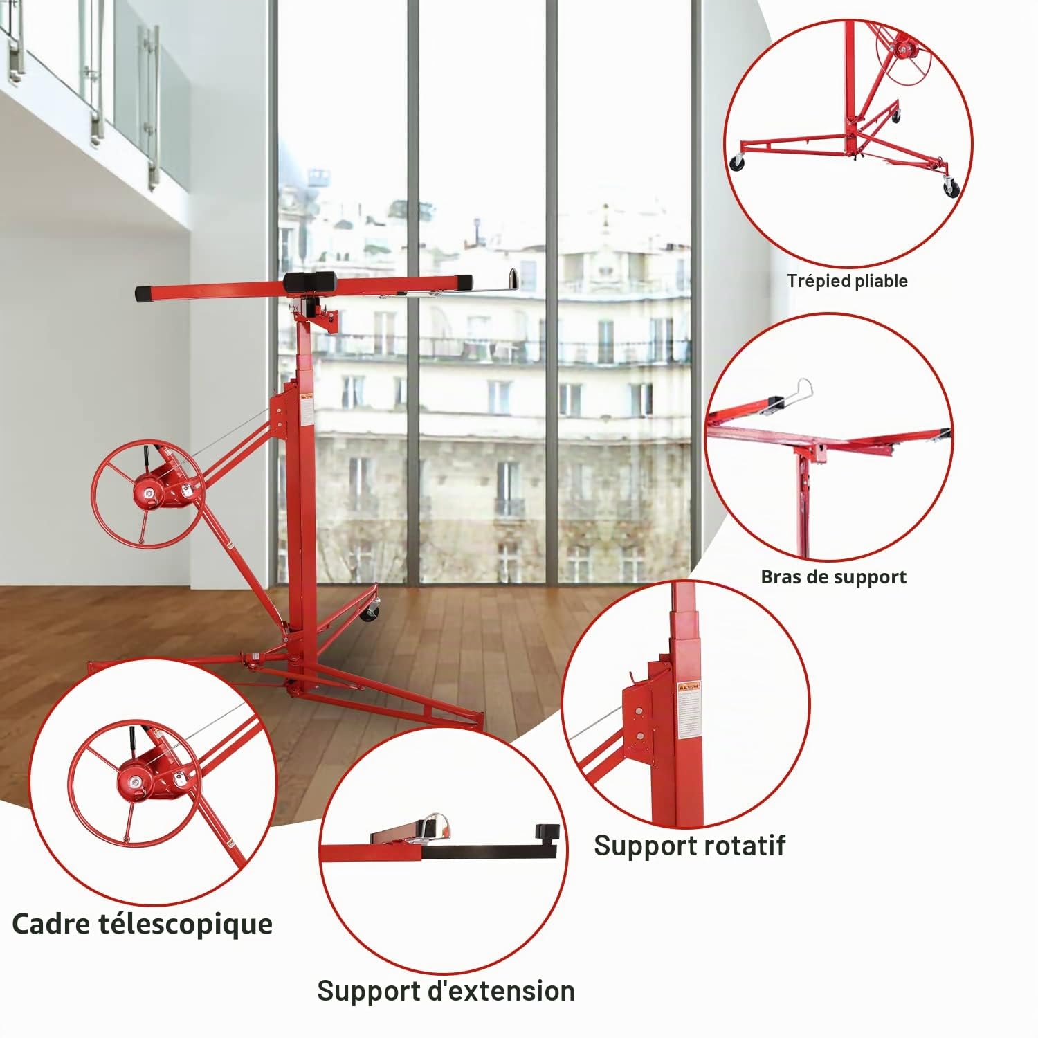 Fiqops Lève-plaque XXL jusqu'à 68 kg maximum pour plaques de plâtre de 140 à 350 cm - Hauteur de travail réglable en hauteur - Largeur du bras de charge maximale : 290 cm - Rouge