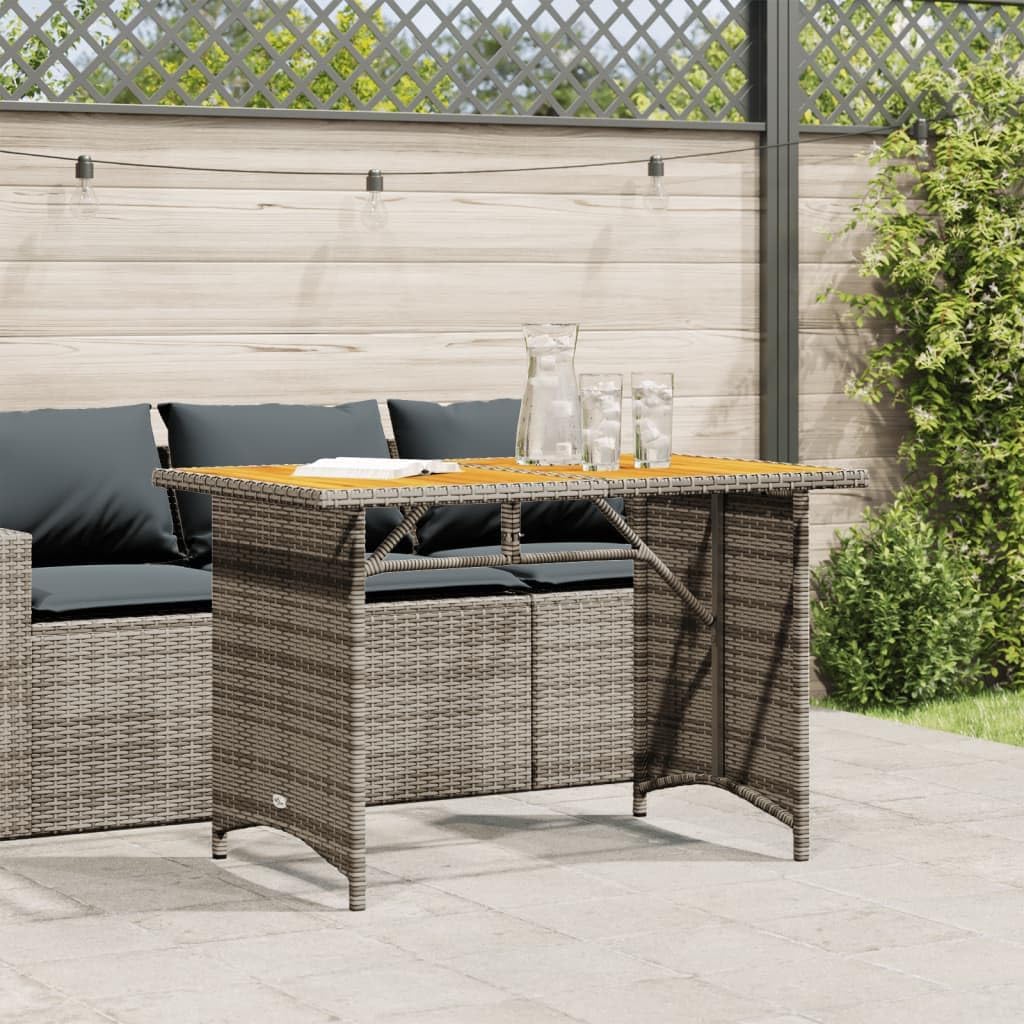 Contemporary Grey PE Rattan Garden Dining Table with Solid Acacia Wood Top and Powder-Coated Steel Frame for Outdoor Patio Terrace Seating Capacity for Six People Durable