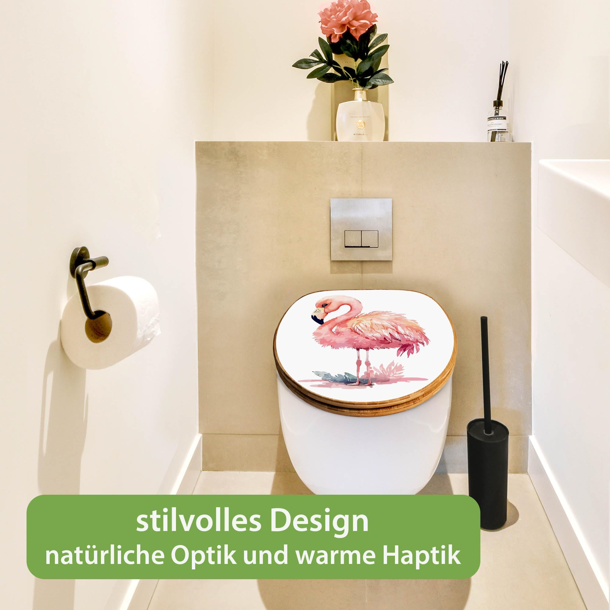 banjado Design WC Sitz Bambus Absenkautomatik 45,8x37,5cm - Toilettendeckel mit Absenkautomatik Holz - hochwertiger Bambus Klodeckel - WC-Sitz für gängigen Toiletten - Motiv Aquarell-Flamingo klein