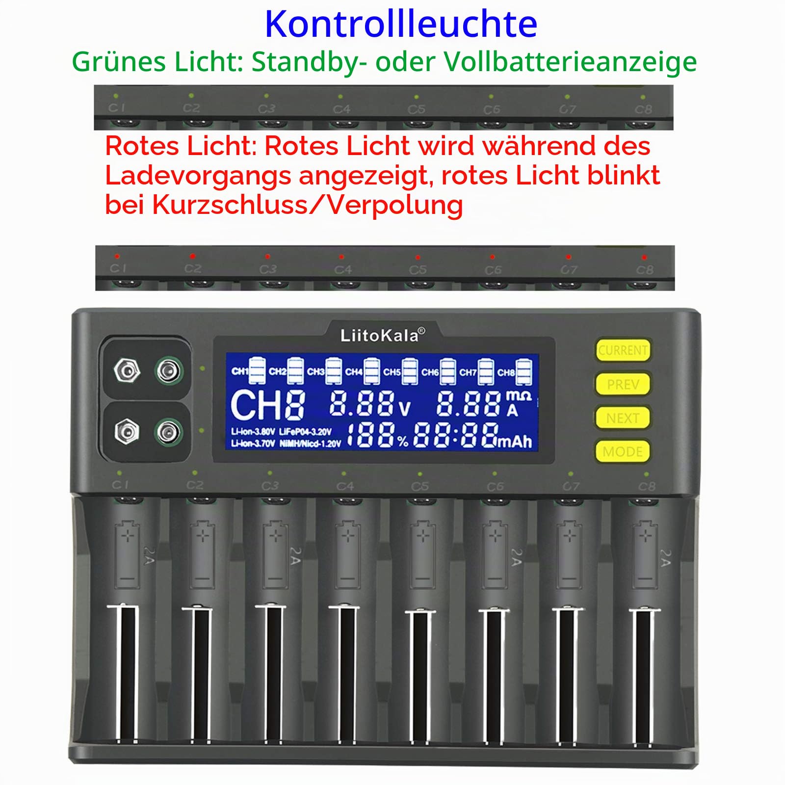 Docooler Liito Kala LII-S8 Intelligentes Ladegerät 8 Steckplätze Automatisch/Manuell LED Kompatibel mit 18650 26650 21700 26700 AA AAA Lithium Ladegerät
