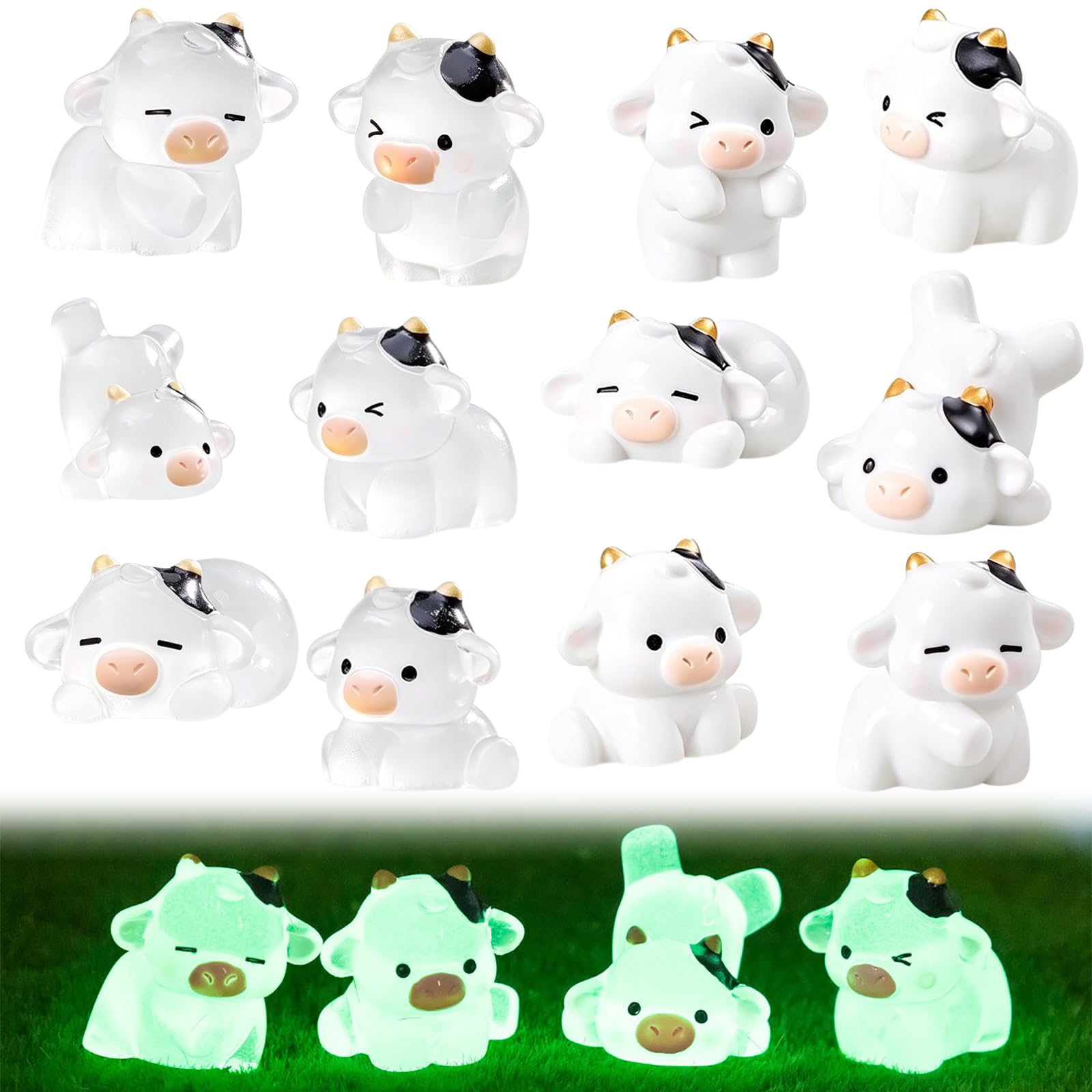 12 Pcs Mini Cow Figurines Tiny Resin Luminous Animals Miniature Figures for Garden Aquarium Tabletop Dollhouse Landscape Birthday Party Decor DIY Crafts