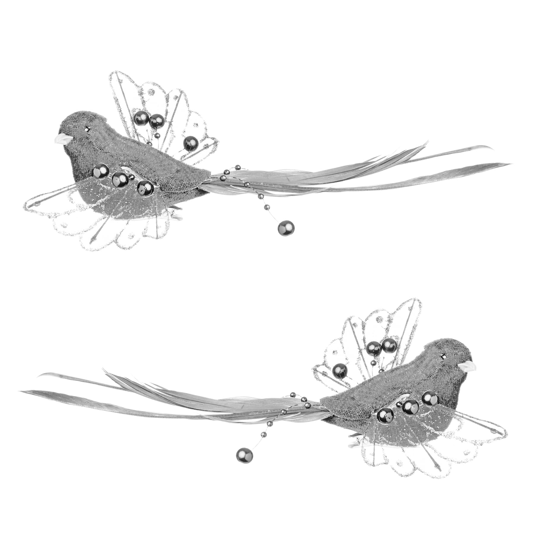 Widdle Gifts Silver/Grey Christmas Tree Bird Decorations On Clip With Feathers And Beads 18Cm Set Of 2 ()