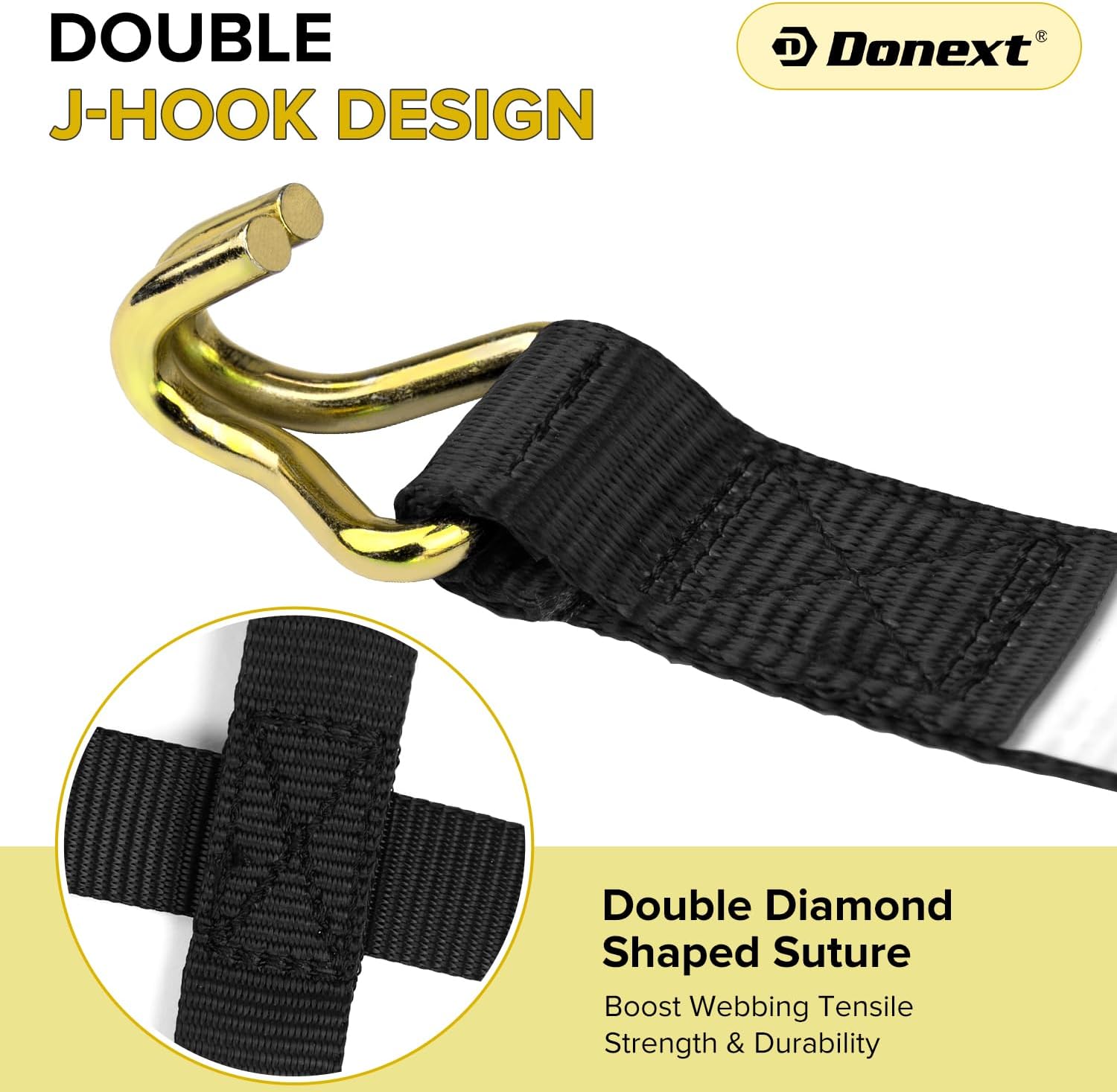 Donext 2PC Heavy Duty Ratchet Tie Down Straps with Double J Hooks, 7.5 FT Retractable, 1.5 in Wide Webbing, Static Weight Limit of 500 Lbs, for Boat Trailer, Cargo Rack, ATV, Luggage, Black