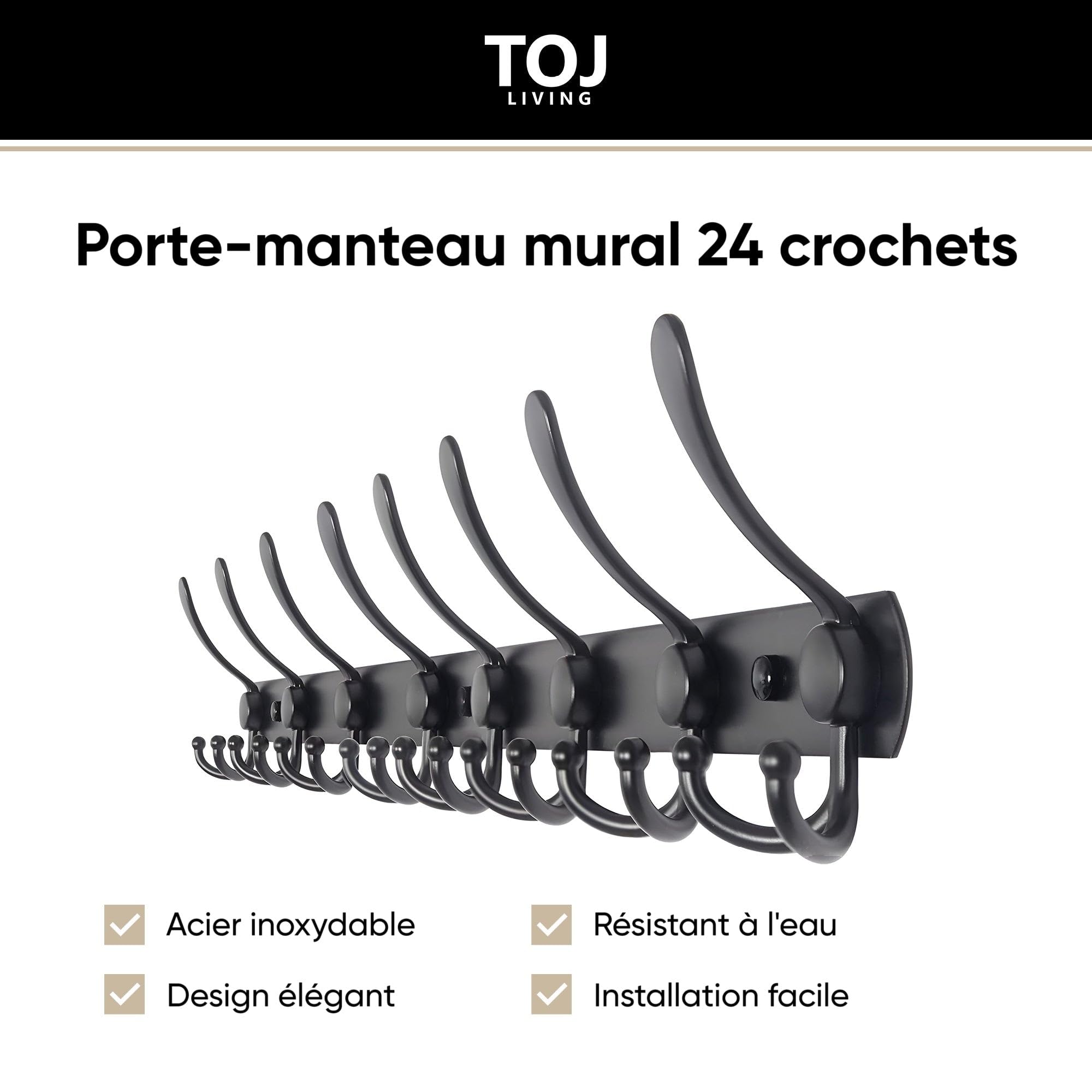 TOJ Living Appendiabiti da parete - 75CM - 24 ganci - Appendiabiti - Appendiabiti da parete - Appendiabiti a muro - Appendiabiti nero - Barra appendiabiti a parete - Gancio appendiabiti - Acciaio