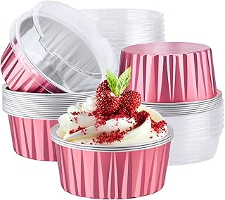 EUSOAR Disposable Ramekins, 25pcs 5oz Baking Cups Foil Dessert Cups with Lids, Aluminum Cupcake Containers Mini Cheesecake Muffin Creme Brulee Ramekins for Wedding Party Catering Gathering-Carmine