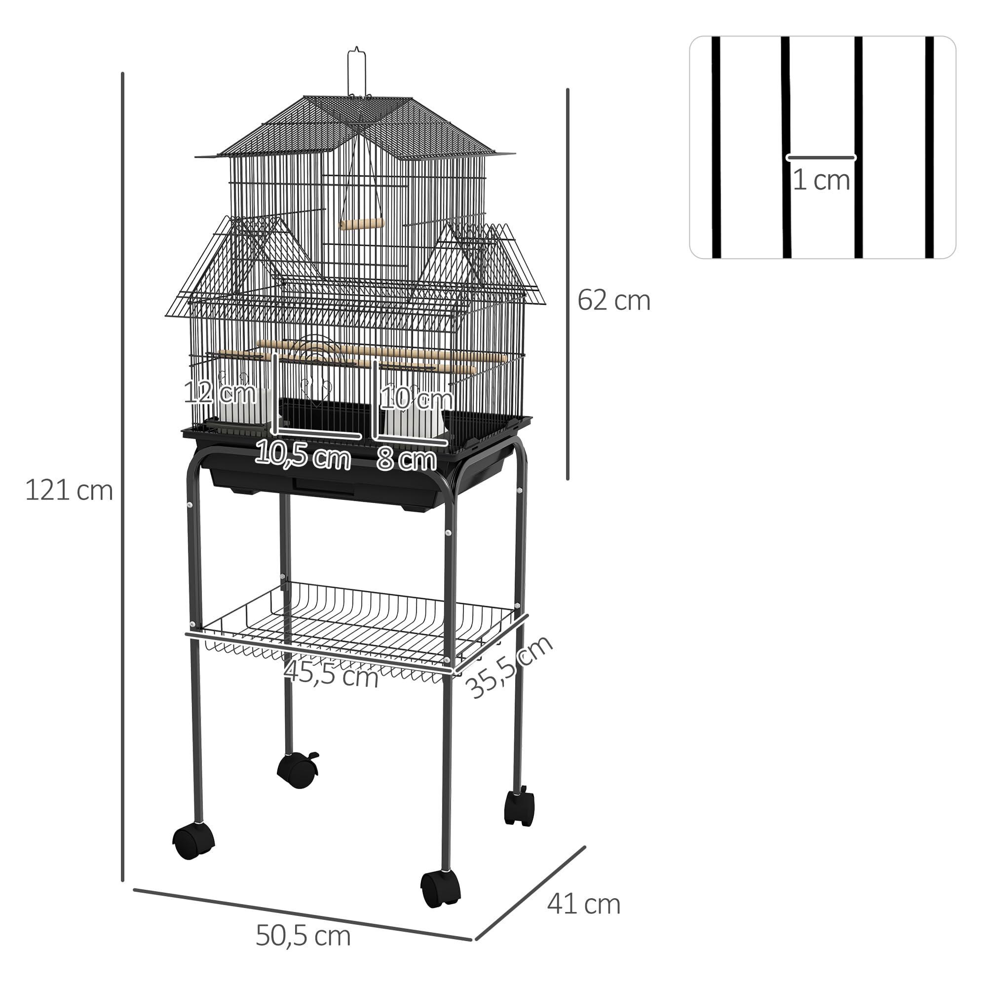PawHut Vogelkäfig Design Haus Futterhäuser Sitzstangen 3 Türen abnehmbares Kotbrett + Tragegriff 50,5 x 41 x 121 cm schwarz